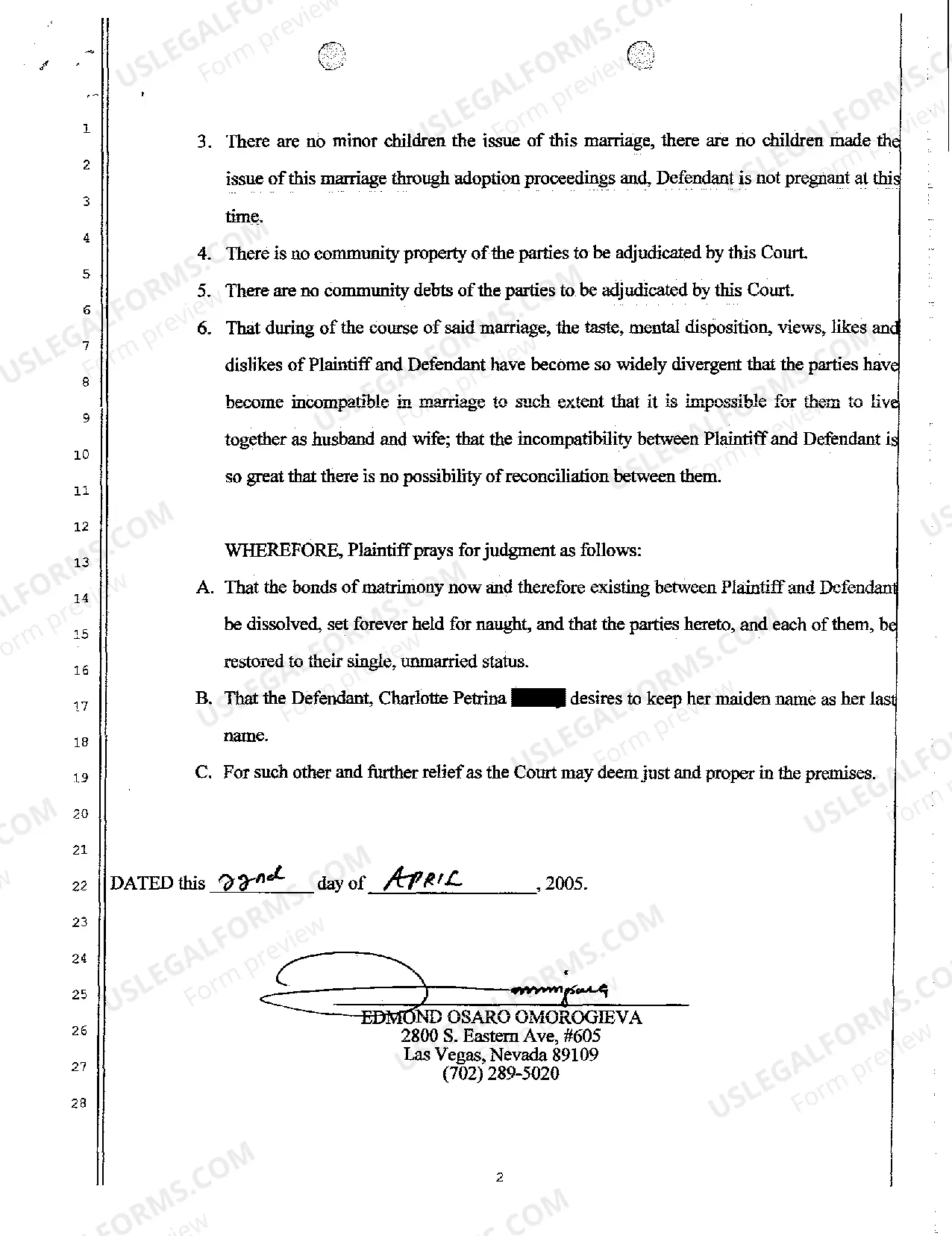 Preview Complaint for Divorce with No Children and No Community Property or Debt