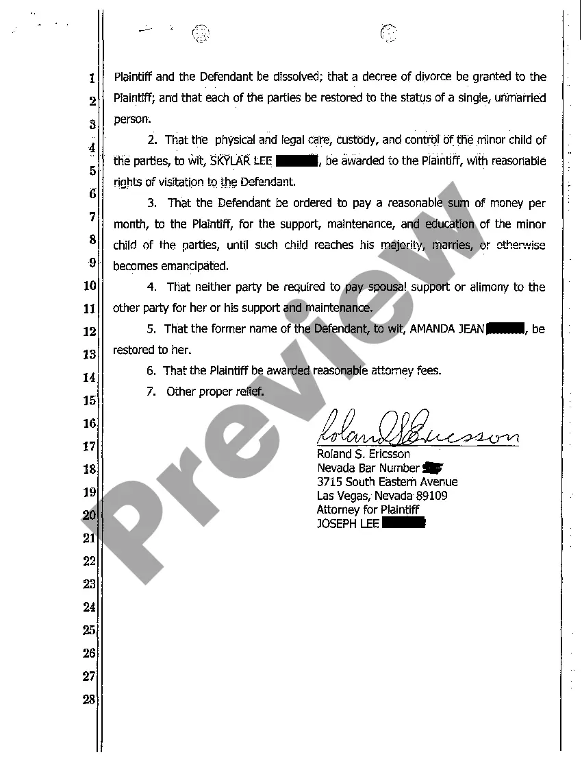 Preview Complaint for Divorce with One Minor Child and No Community Property or Debt