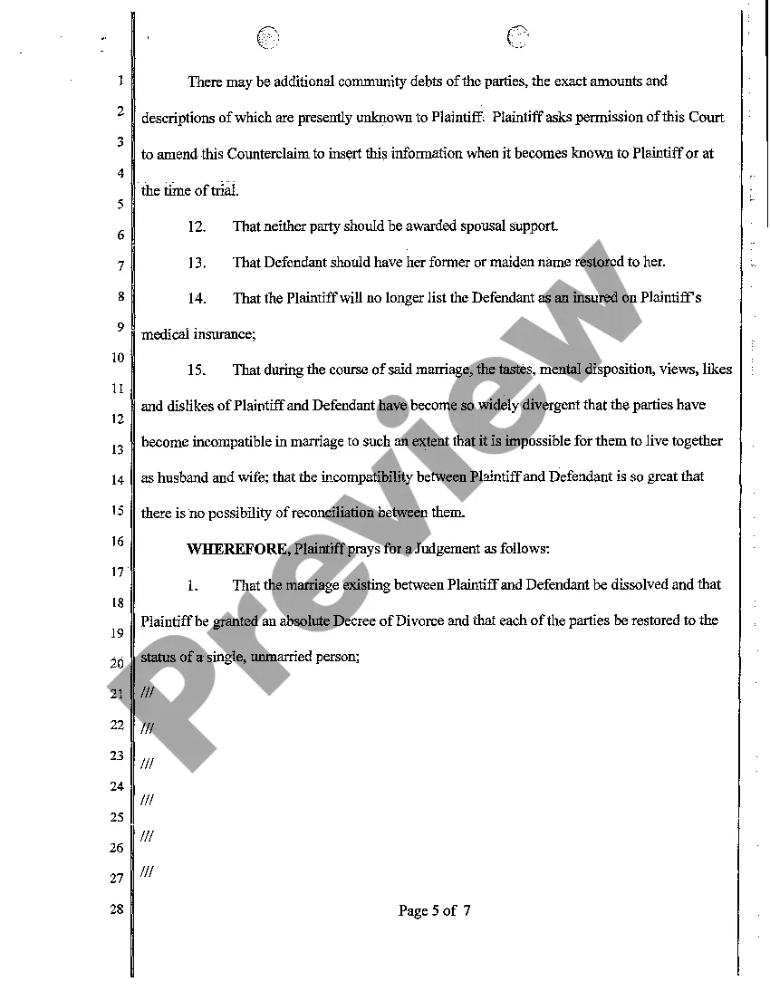 Get Complaint for Divorce with One Minor Child and Community Property and Debt Preview Complaint for Divorce with One Minor Child and Community Property and Debt