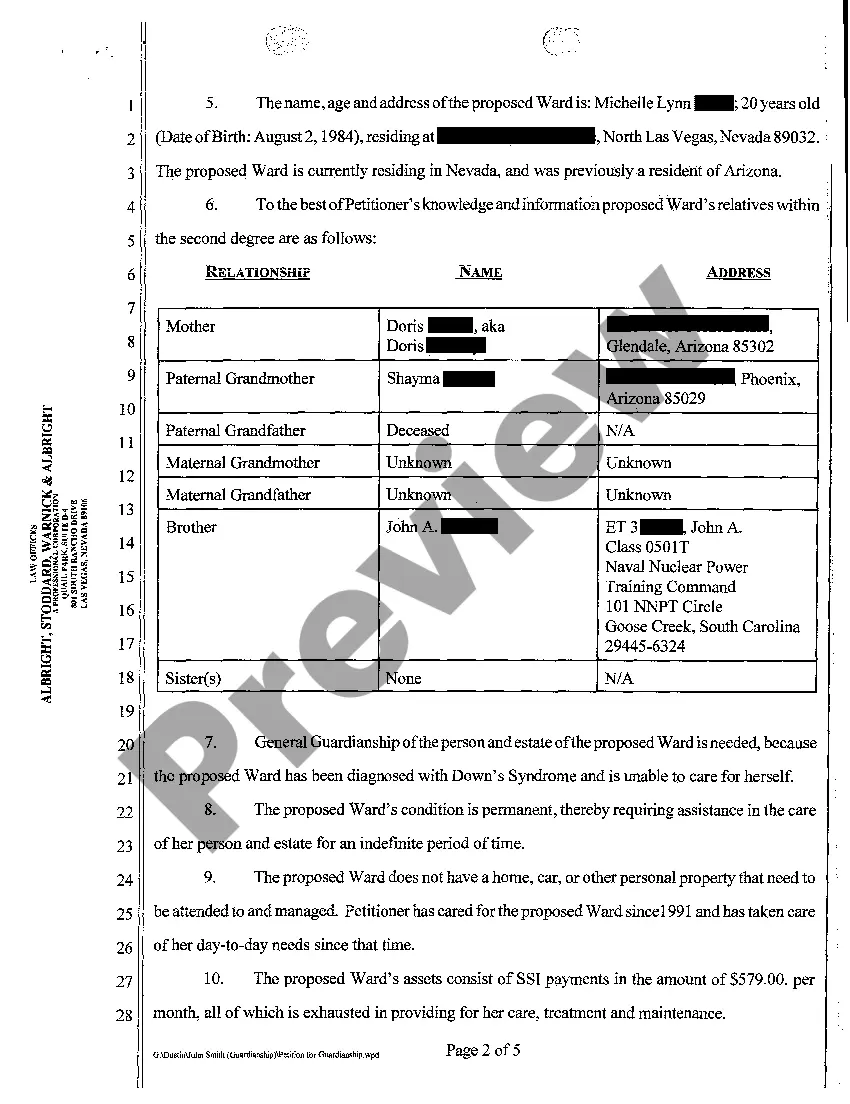 Get Petition for Appointment of General Guardian and Petition for Summary Administration of Adult with Down Syndrome Preview Petition for Appointment of General Guardian and Petition for Summary Administration of Adult with Down Syndrome
