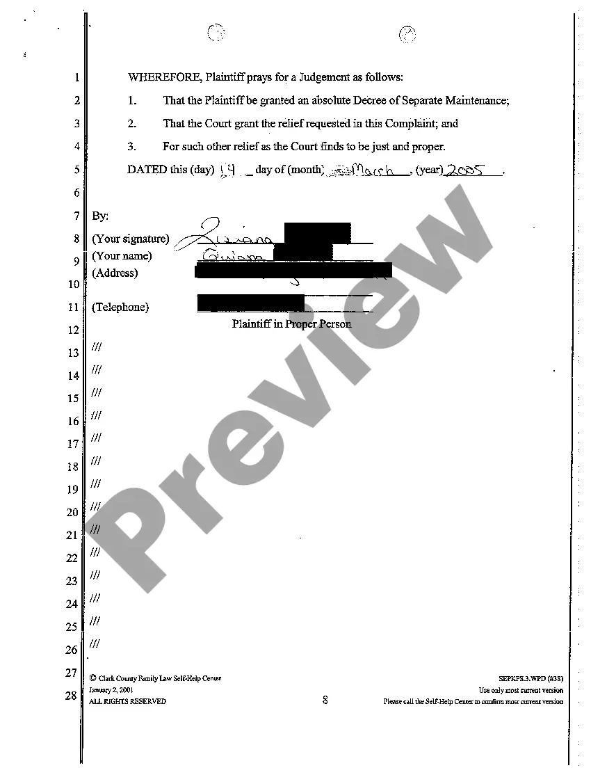 Preview Complaint for Separate Maintenance with 2 Minor Children