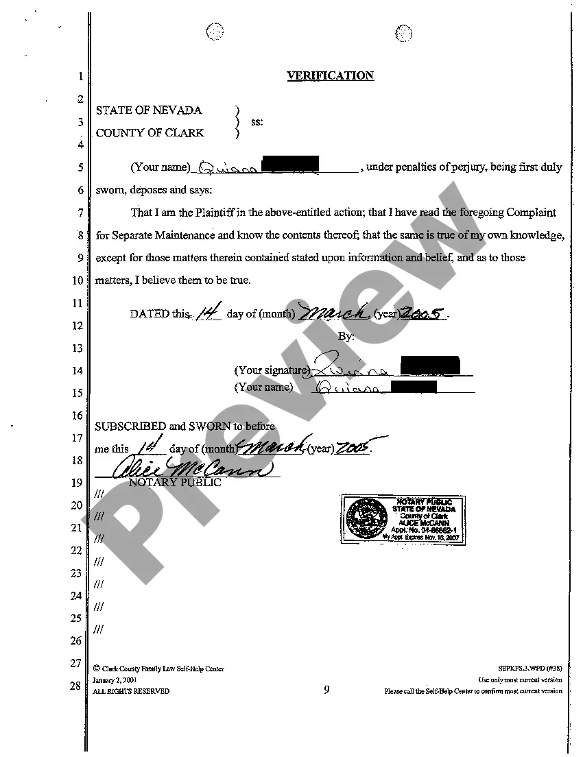 Preview Complaint for Separate Maintenance with 2 Minor Children