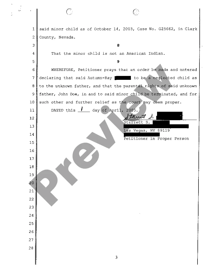 Preview Petition for Order Terminating Parental Rights of Unknown Father