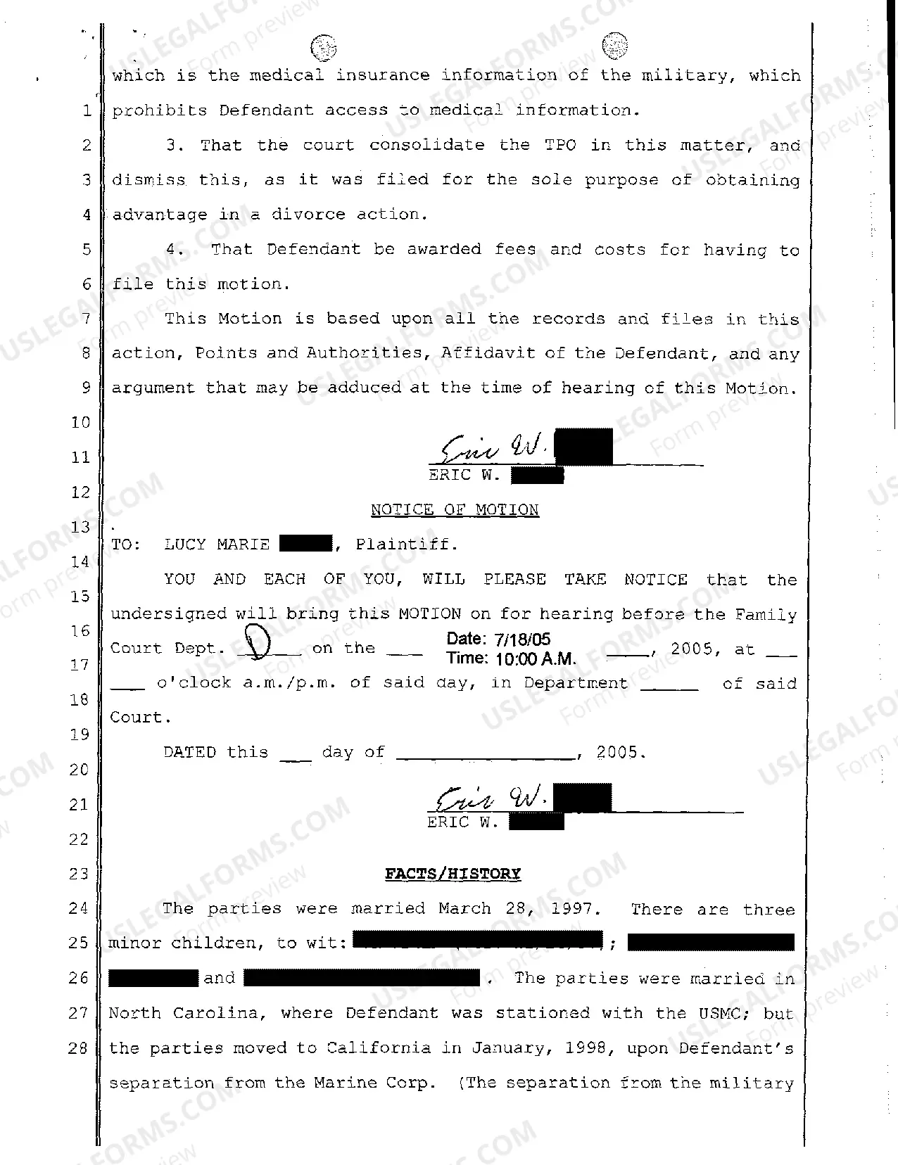 Preview Motion to Establish Custody, Support and Visitation - To Consolidate TPO with Divorce and Dismiss TPO