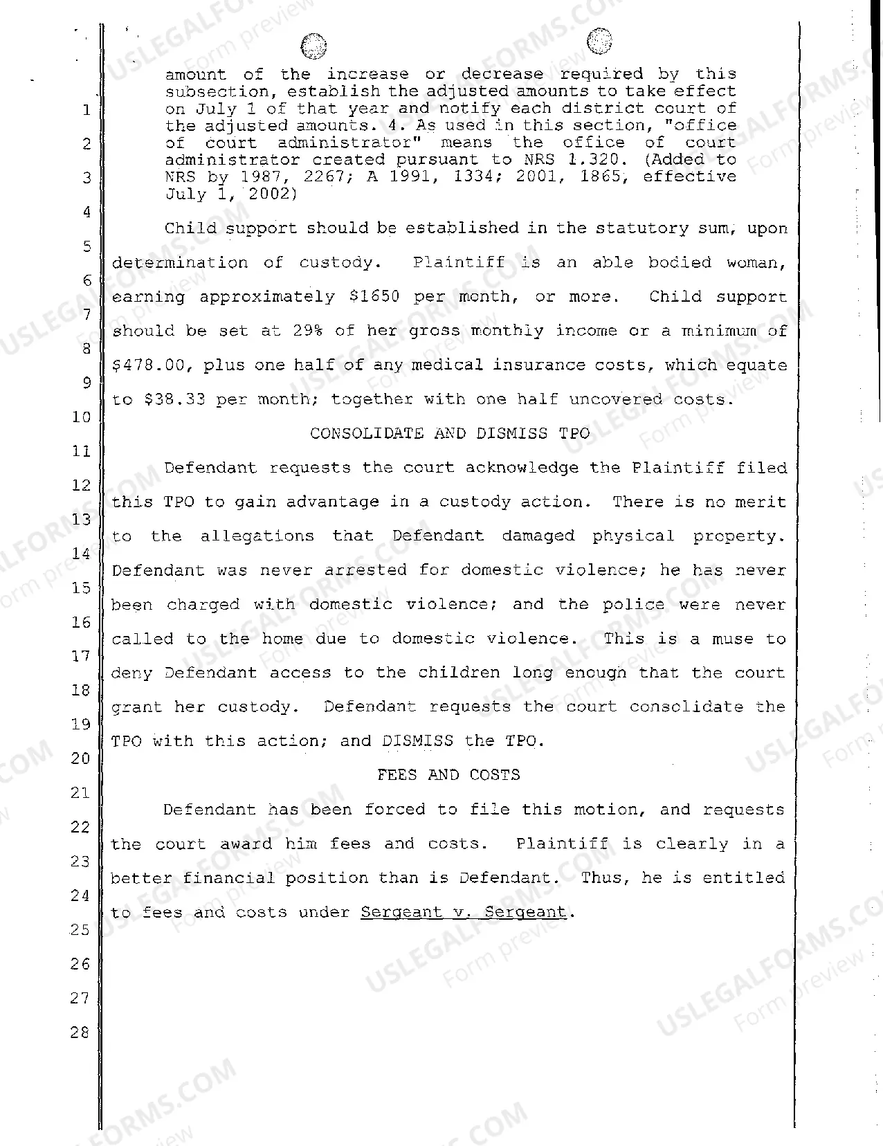 Preview Motion to Establish Custody, Support and Visitation - To Consolidate TPO with Divorce and Dismiss TPO