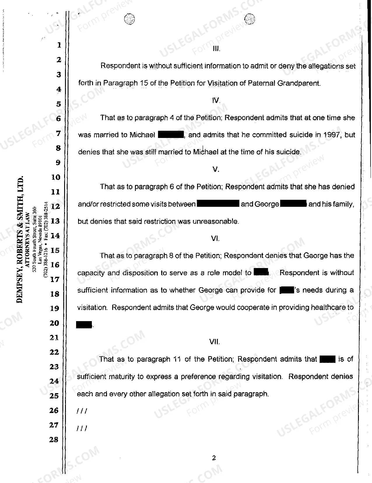 Preview Respondent's Answer to Petition for Visitation of Paternal Grandparents and Counterclaim