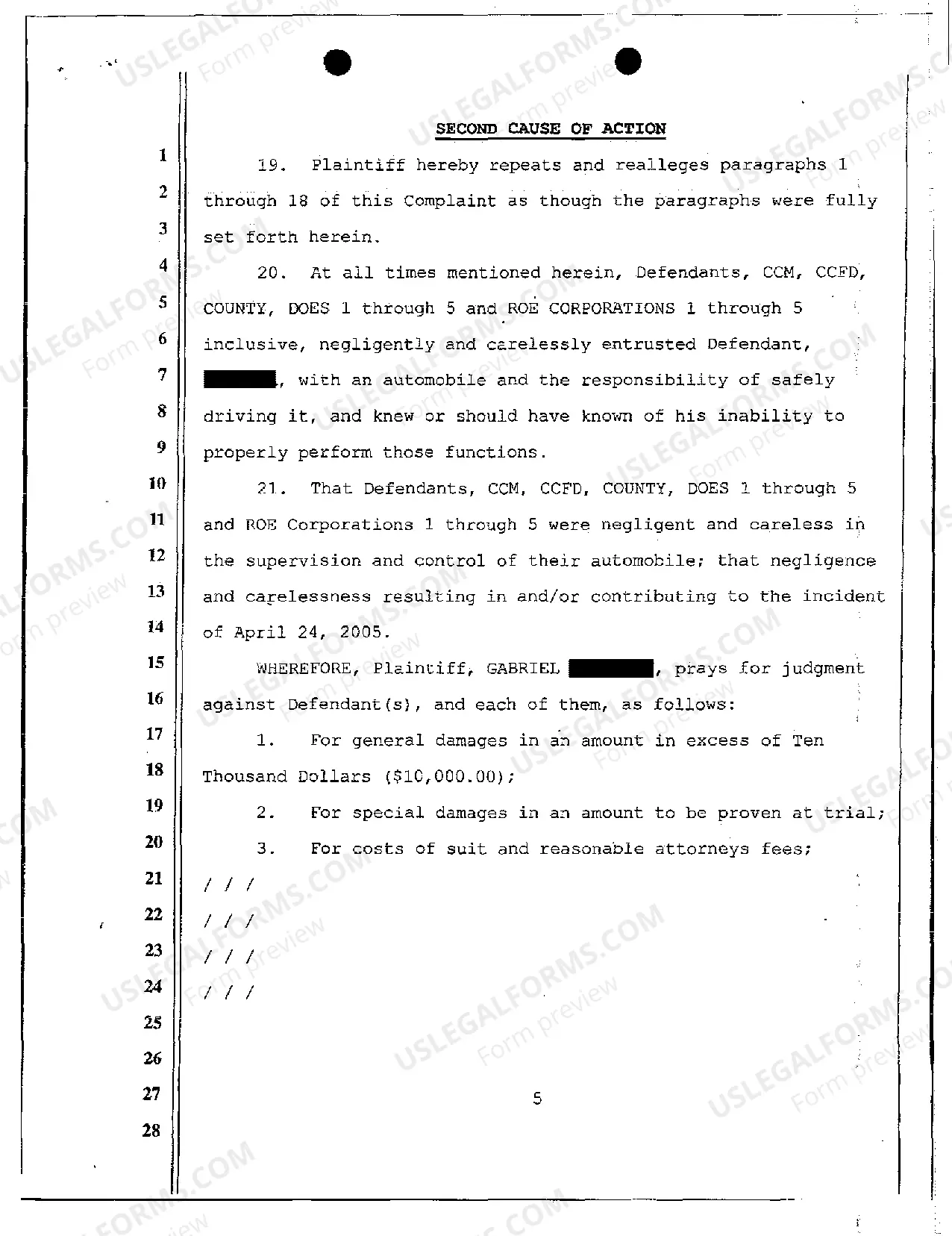 Preview Complaint - Vicarious Liability - Personal Injury Caused by Employee of County by Negligent Operation of Motor Vehicle