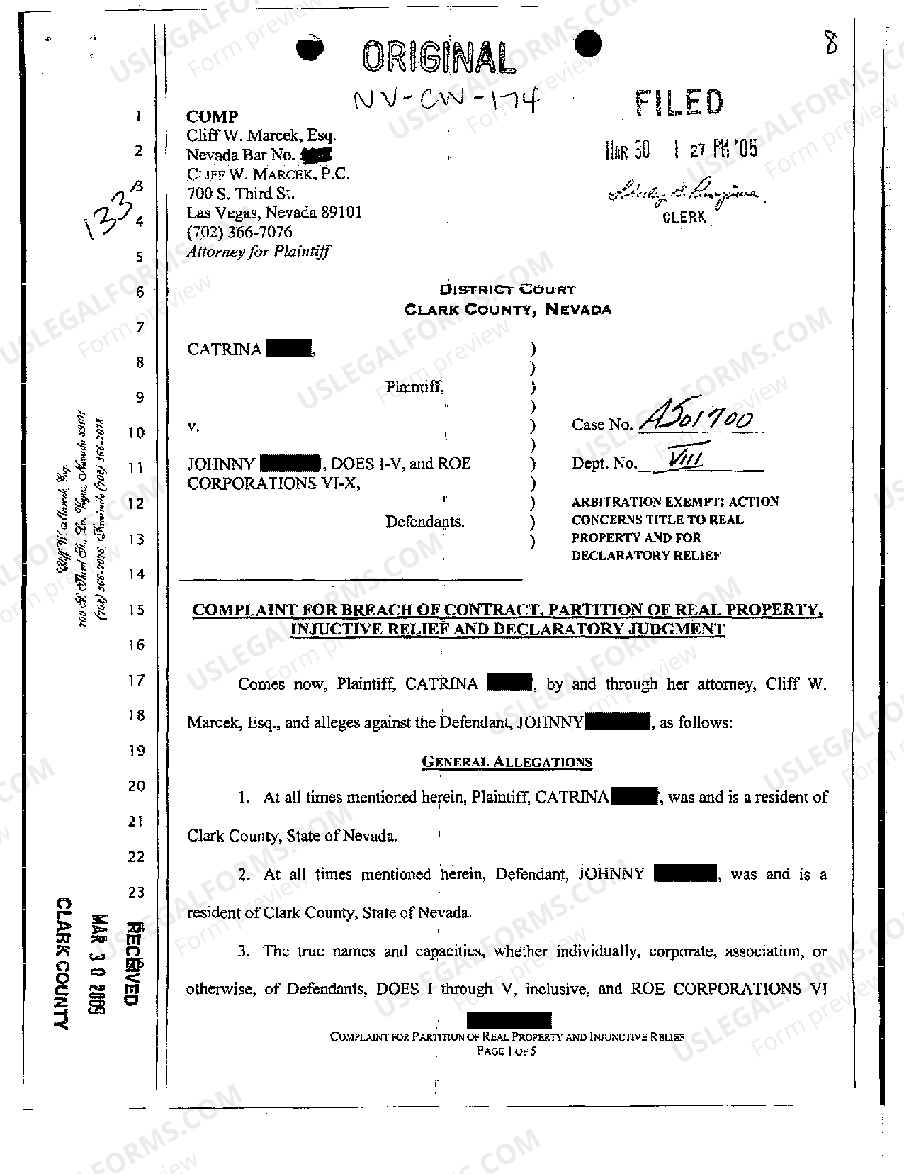 Nevada Complaint Judicial Partition Due to Breach of Contract by Co