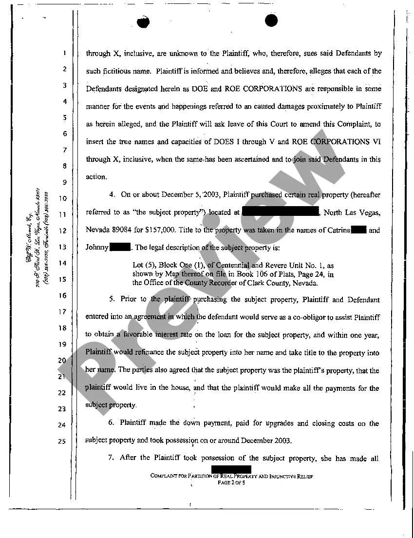 Preview Complaint - Judicial Partition Due to Breach of Contract by Co-Obligor