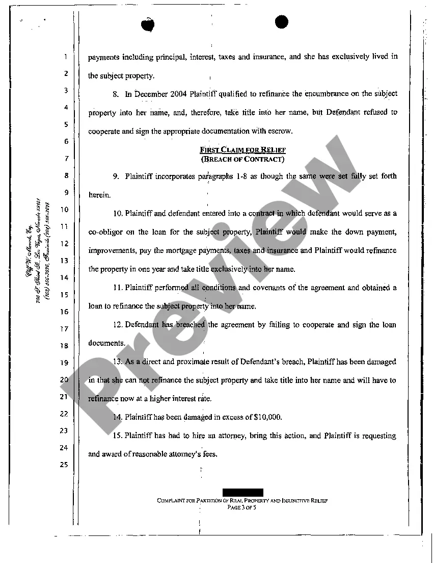 Preview Complaint - Judicial Partition Due to Breach of Contract by Co-Obligor