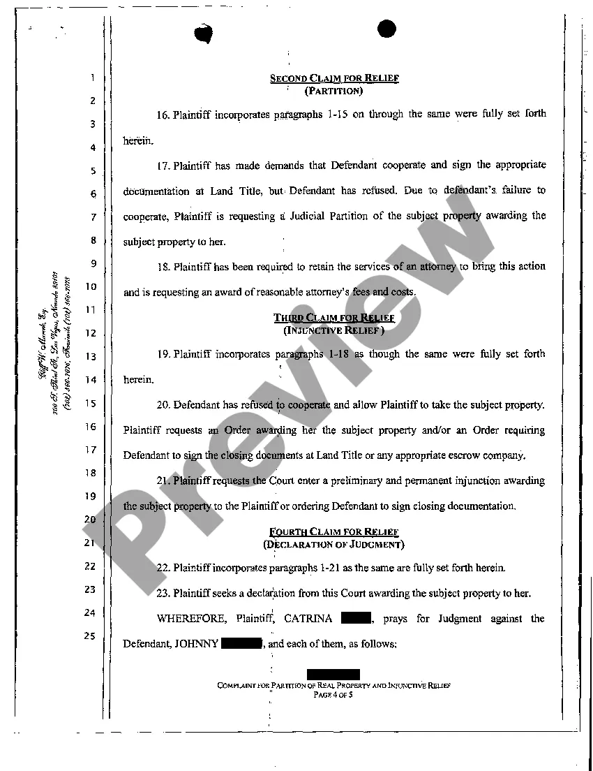 Preview Complaint - Judicial Partition Due to Breach of Contract by Co-Obligor