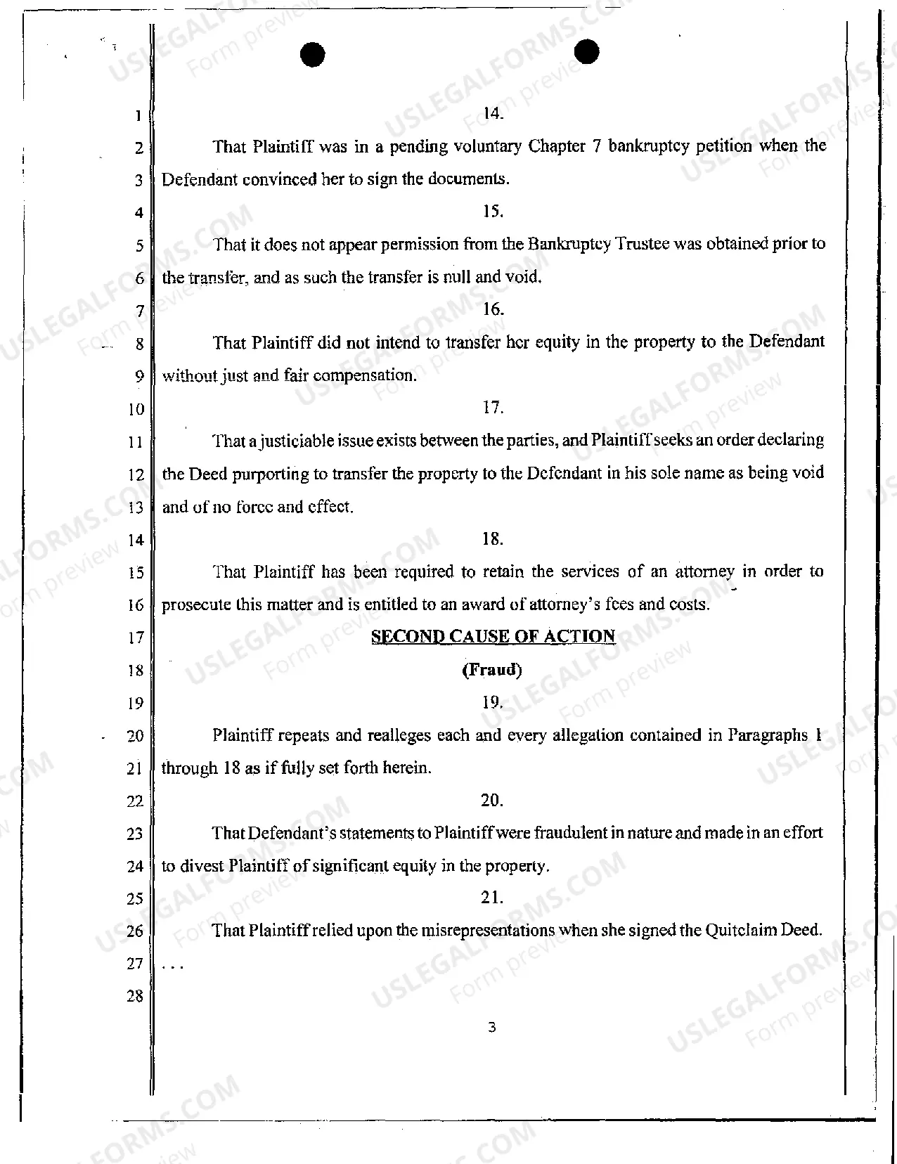 Preview Verified Complaint - Breach of Contract and Fraud in the Inducement of Signing Quitclaim Deed of Property