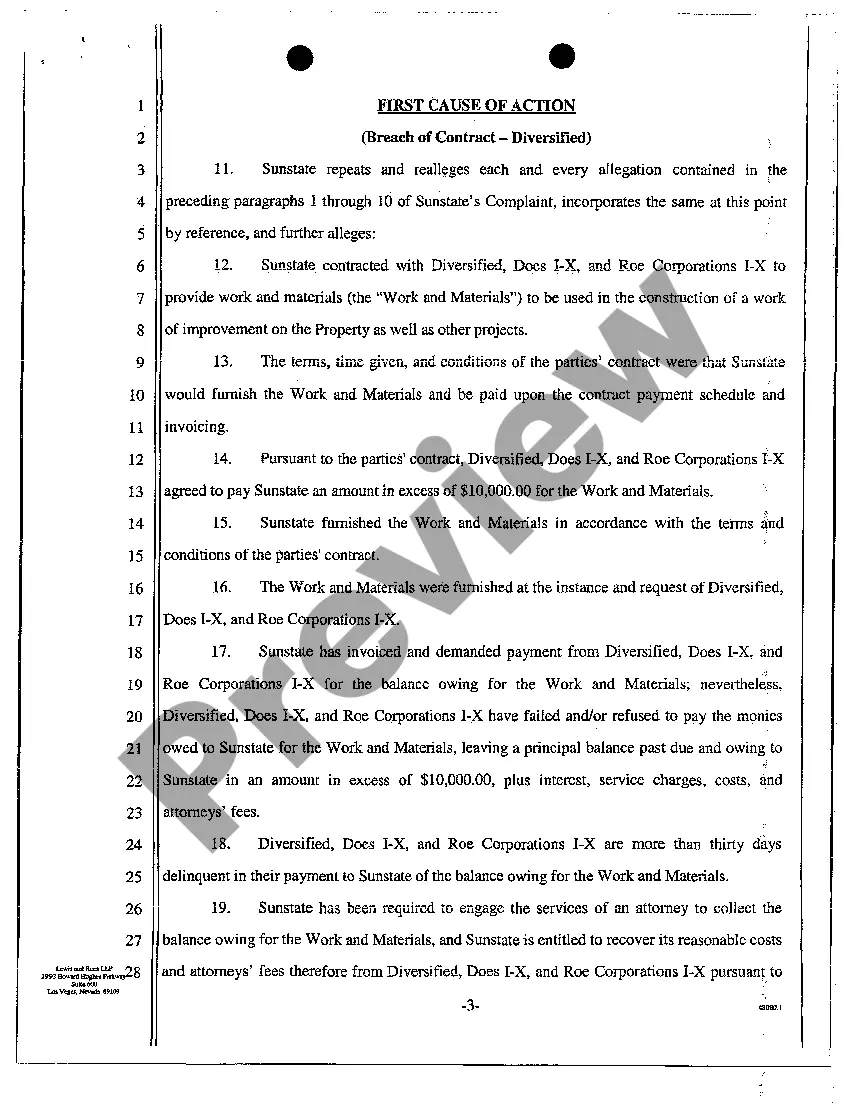 Preview Complaint - Breach of Construction Contract for Work and Materials