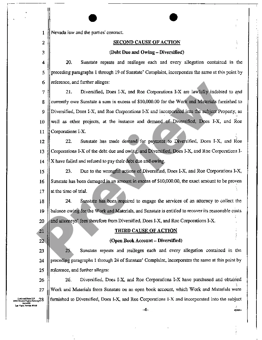 Preview Complaint - Breach of Construction Contract for Work and Materials