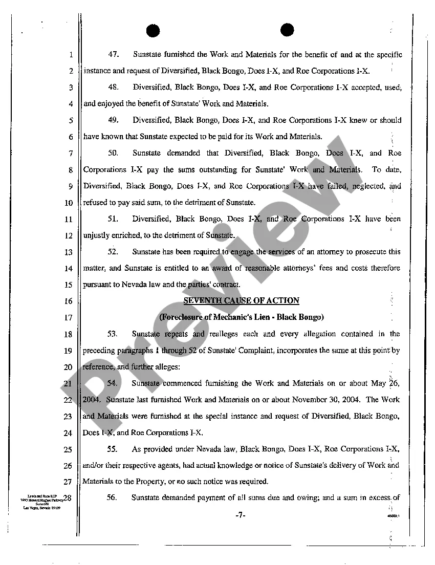 Preview Complaint - Breach of Construction Contract for Work and Materials