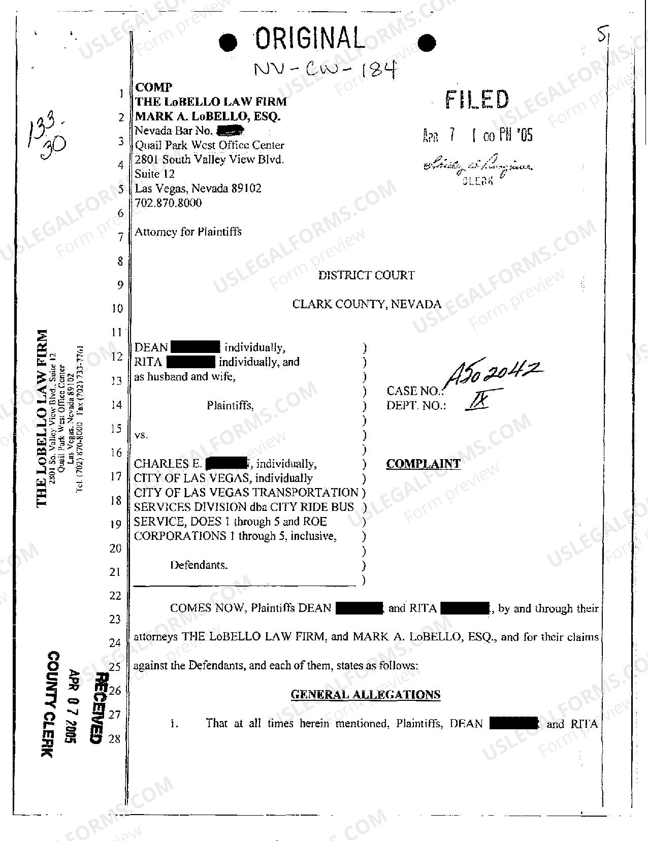 Nevada Complaint Common Carrier Negligence of Bus Driver Leaving Bus