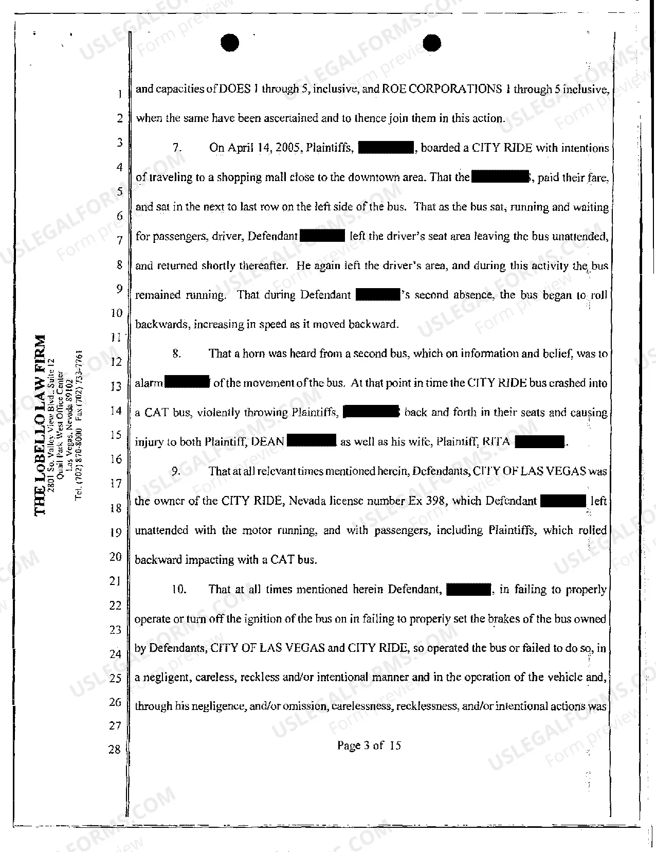 Preview Complaint - Common Carrier Negligence of Bus Driver Leaving Bus Unattended Resulting Personal Injury to Passengers