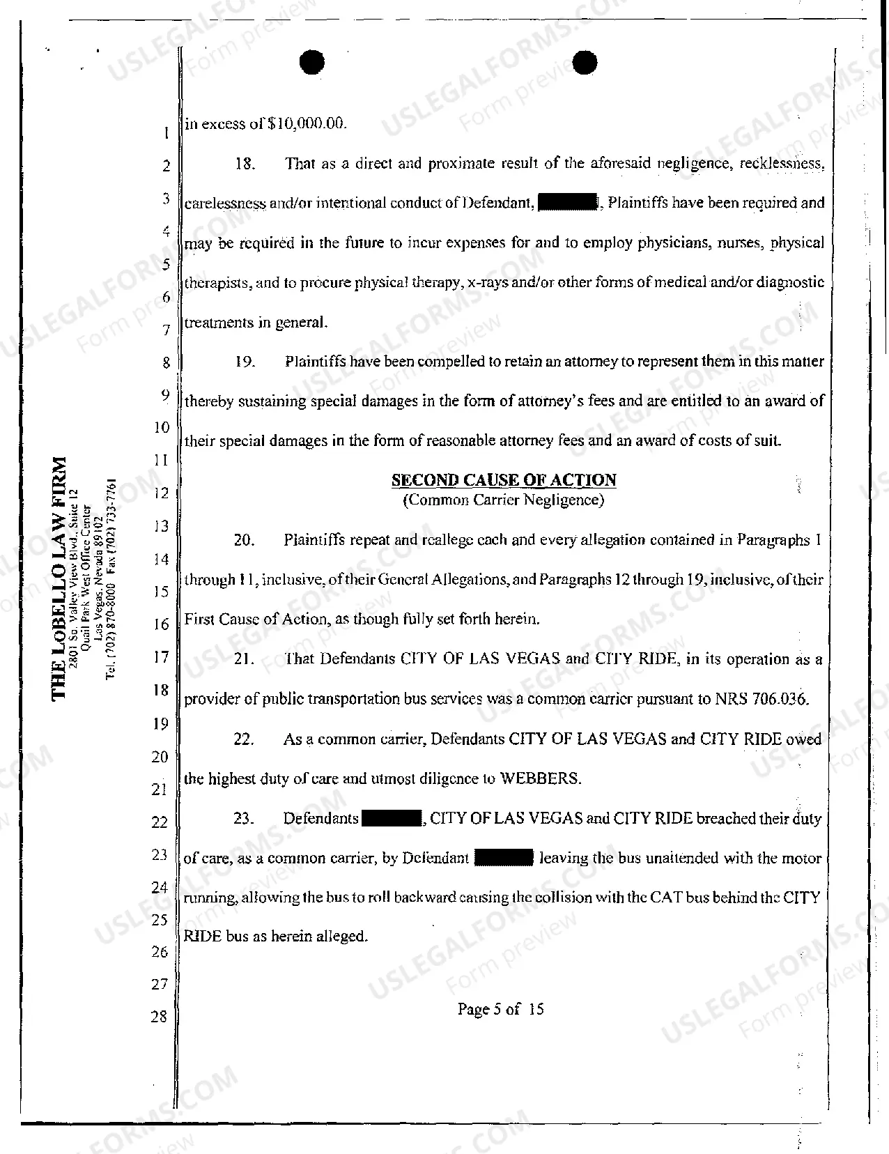 Preview Complaint - Common Carrier Negligence of Bus Driver Leaving Bus Unattended Resulting Personal Injury to Passengers
