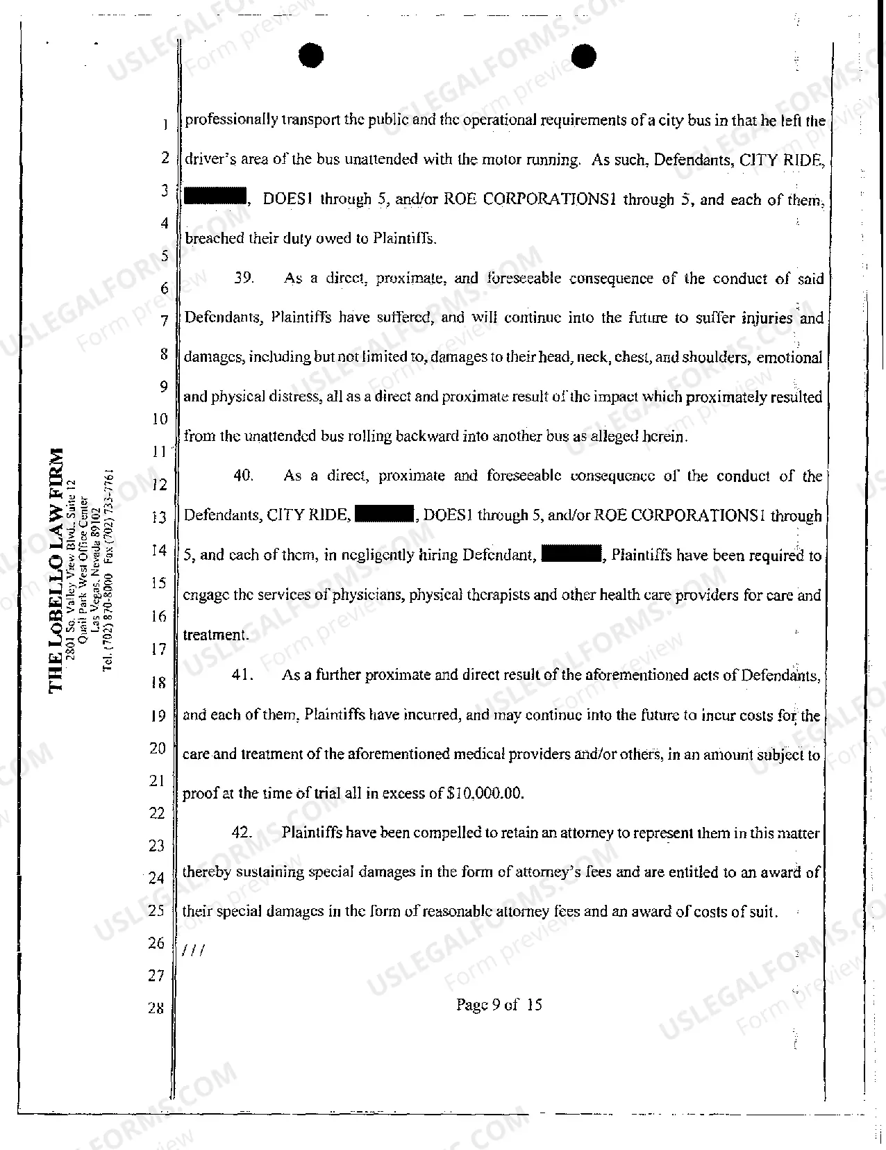 Preview Complaint - Common Carrier Negligence of Bus Driver Leaving Bus Unattended Resulting Personal Injury to Passengers