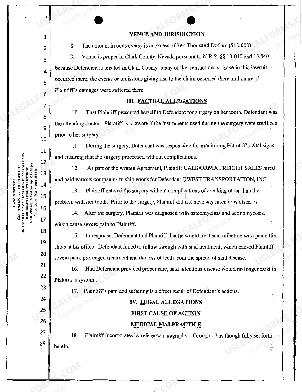 Preview Complaint for Medical Malpractice Resulting in the Spread of Infectious Disease