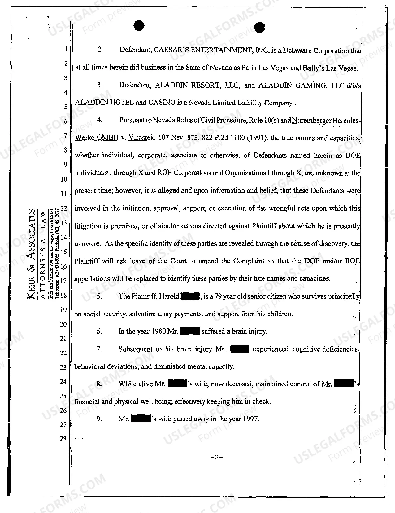 Preview Complaint - Rescission of Credit Extension by Casino Resort Due to Intoxication