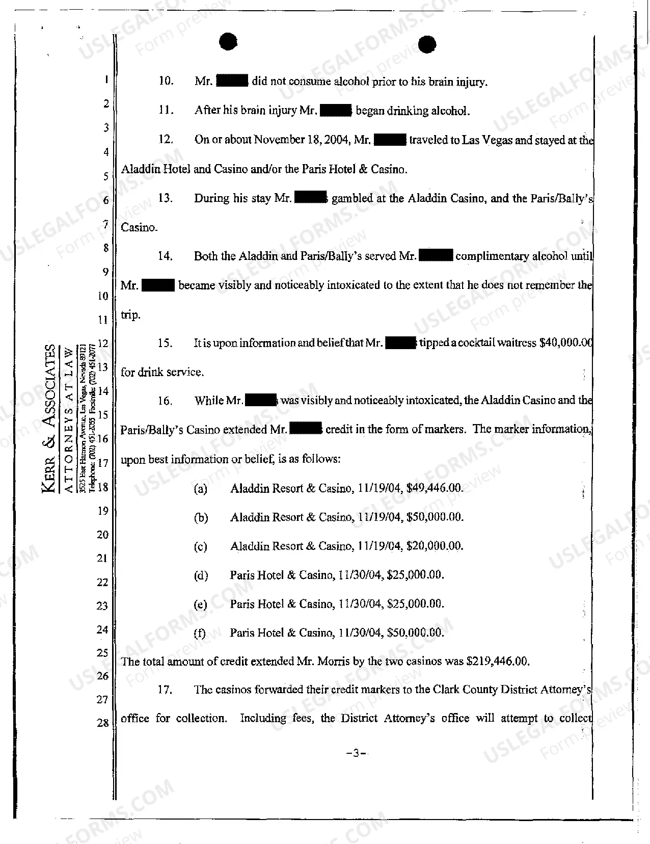Preview Complaint - Rescission of Credit Extension by Casino Resort Due to Intoxication