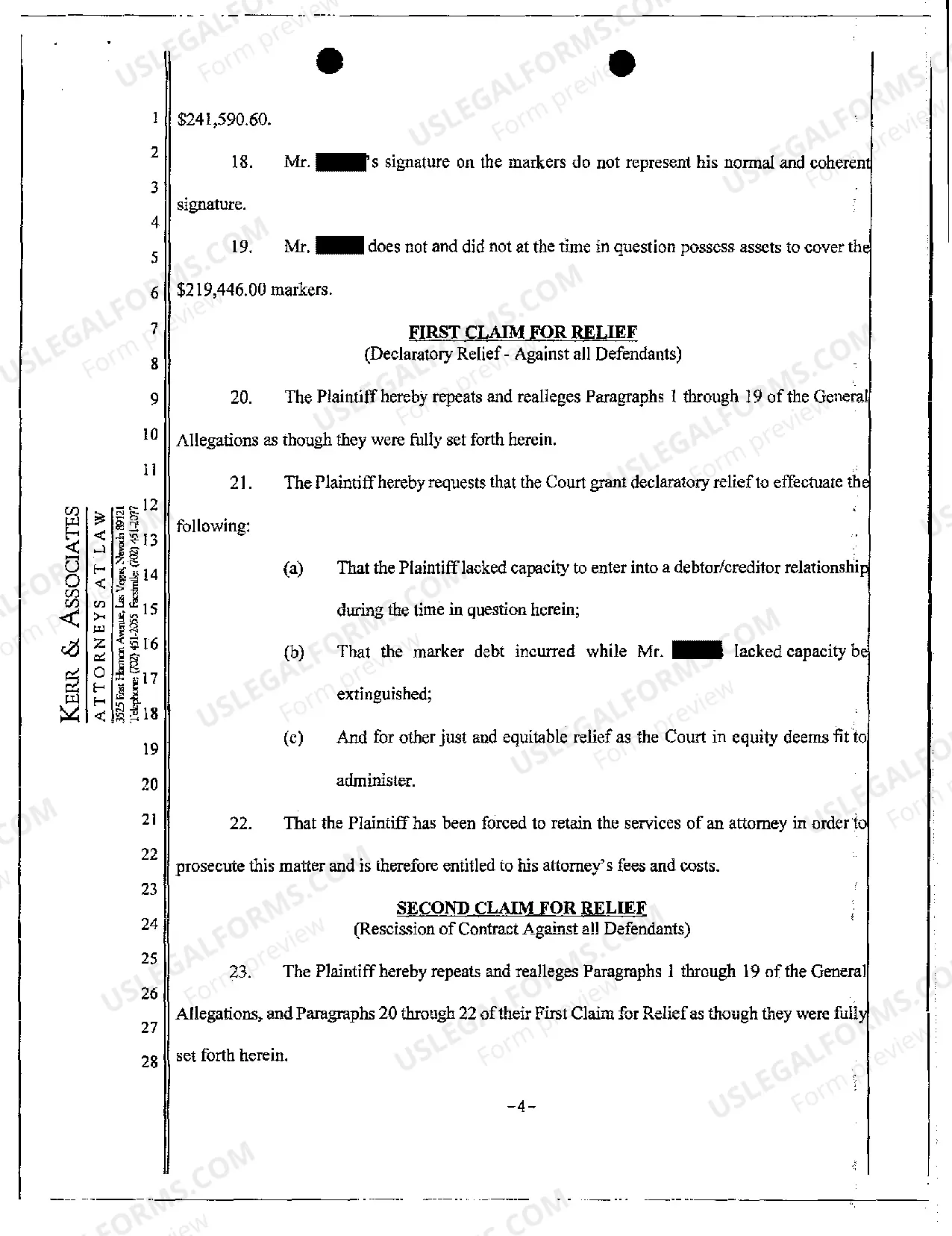 Preview Complaint - Rescission of Credit Extension by Casino Resort Due to Intoxication