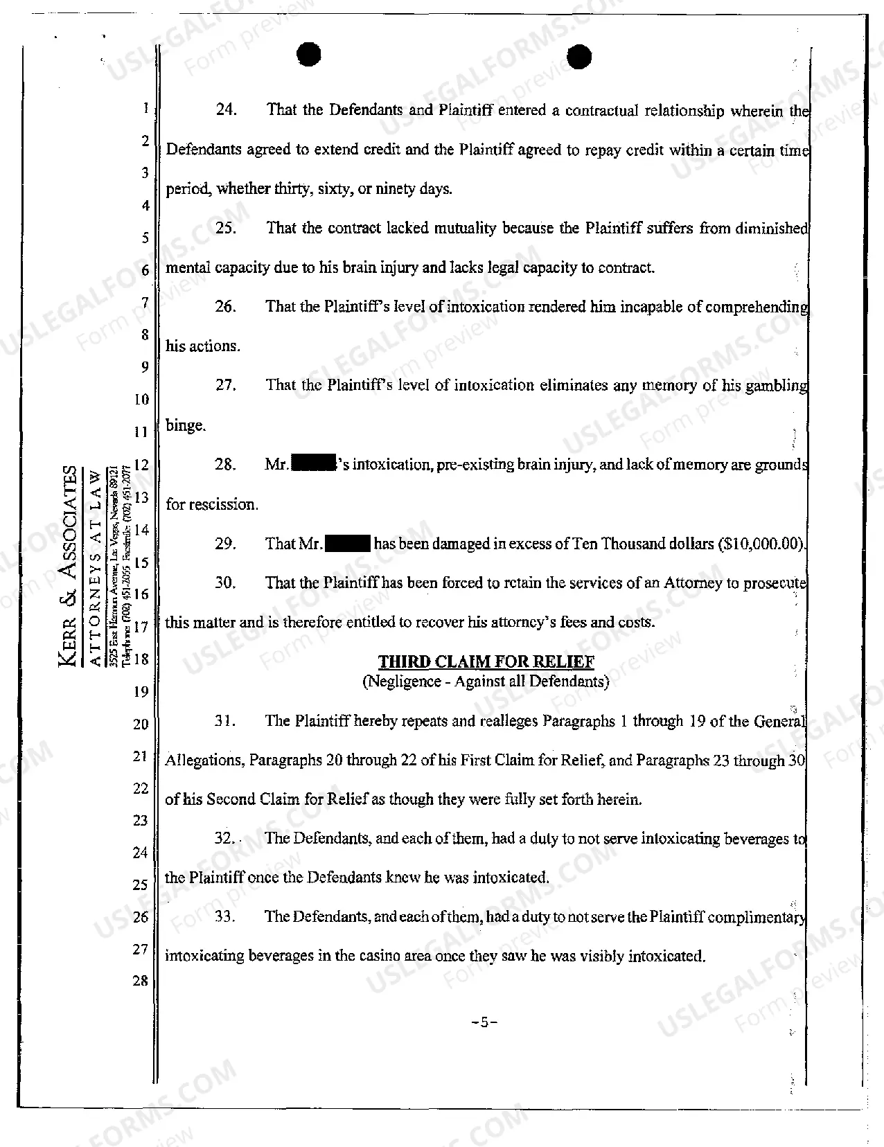 Preview Complaint - Rescission of Credit Extension by Casino Resort Due to Intoxication