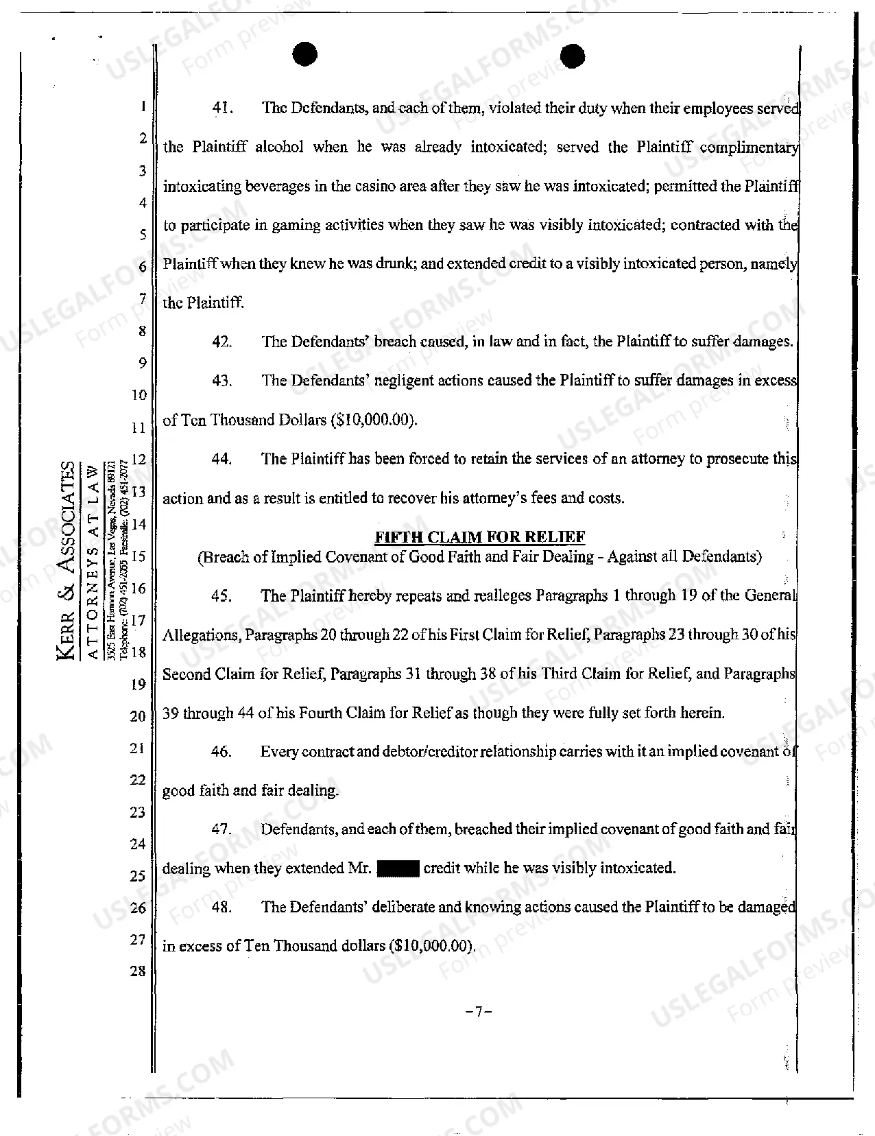 Preview Complaint - Rescission of Credit Extension by Casino Resort Due to Intoxication