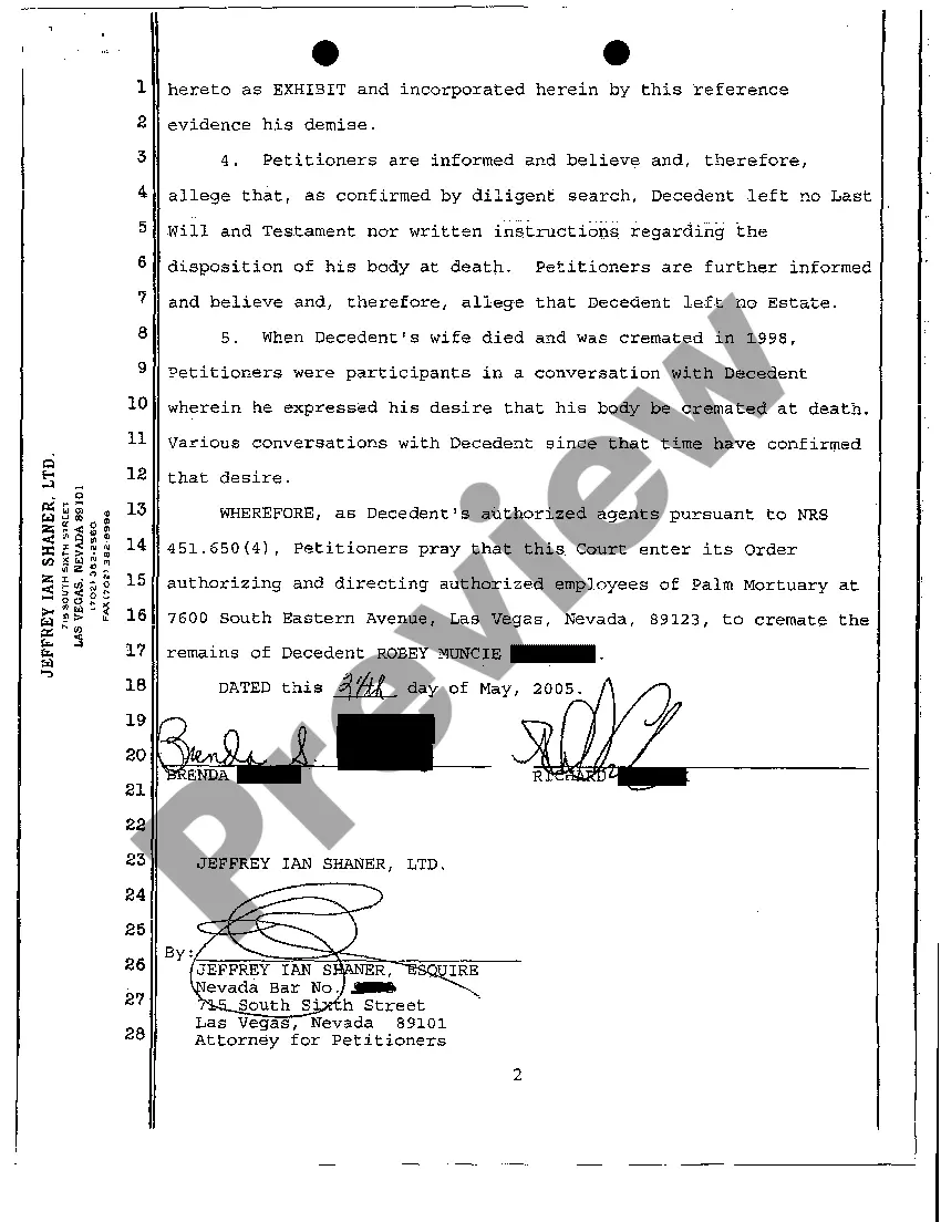 Get Ex Parte Petition for Order for Cremation of Intestate Decedent Preview Ex Parte Petition for Order for Cremation of Intestate Decedent