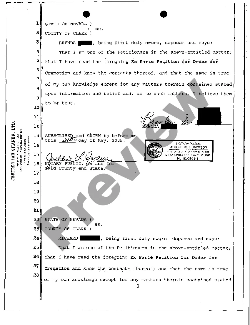 Get Ex Parte Petition for Order for Cremation of Intestate Decedent Preview Ex Parte Petition for Order for Cremation of Intestate Decedent