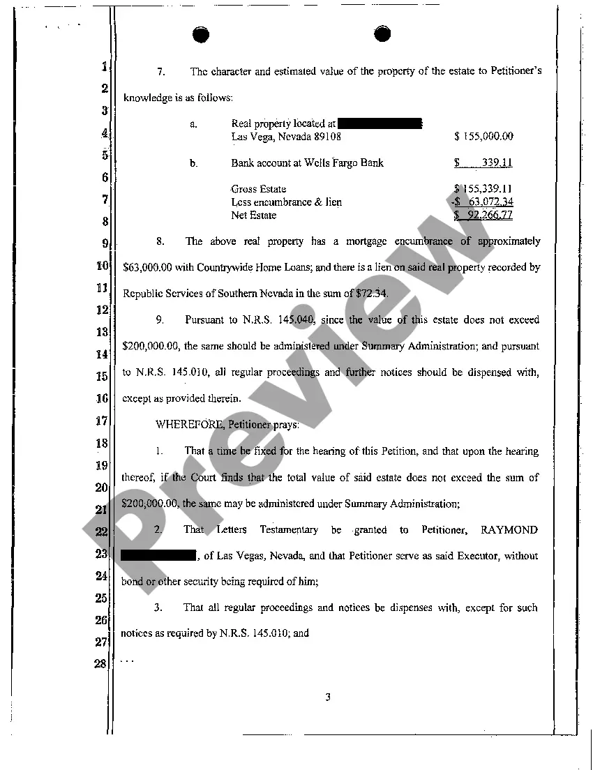 Get Petition for Probate of Will and for Summary Administration Preview Petition for Probate of Will and for Summary Administration