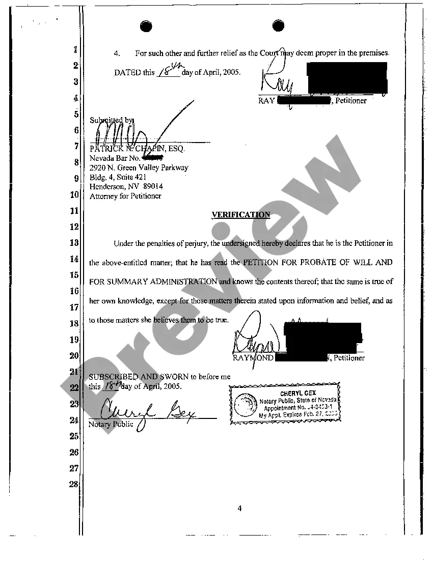 Get Petition for Probate of Will and for Summary Administration Preview Petition for Probate of Will and for Summary Administration