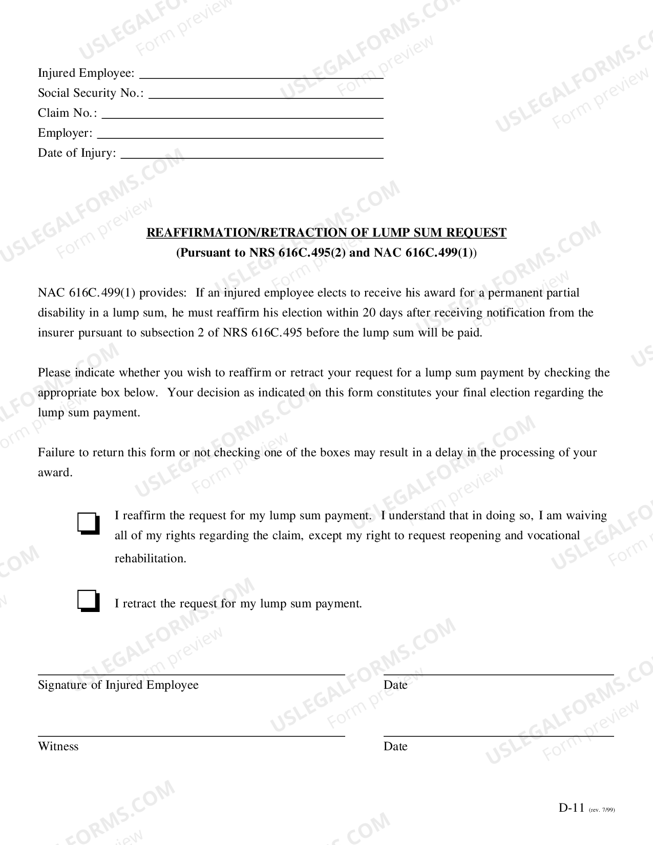 Nevada Reaffirmation/Retraction of Lump Sum Request US Legal Forms