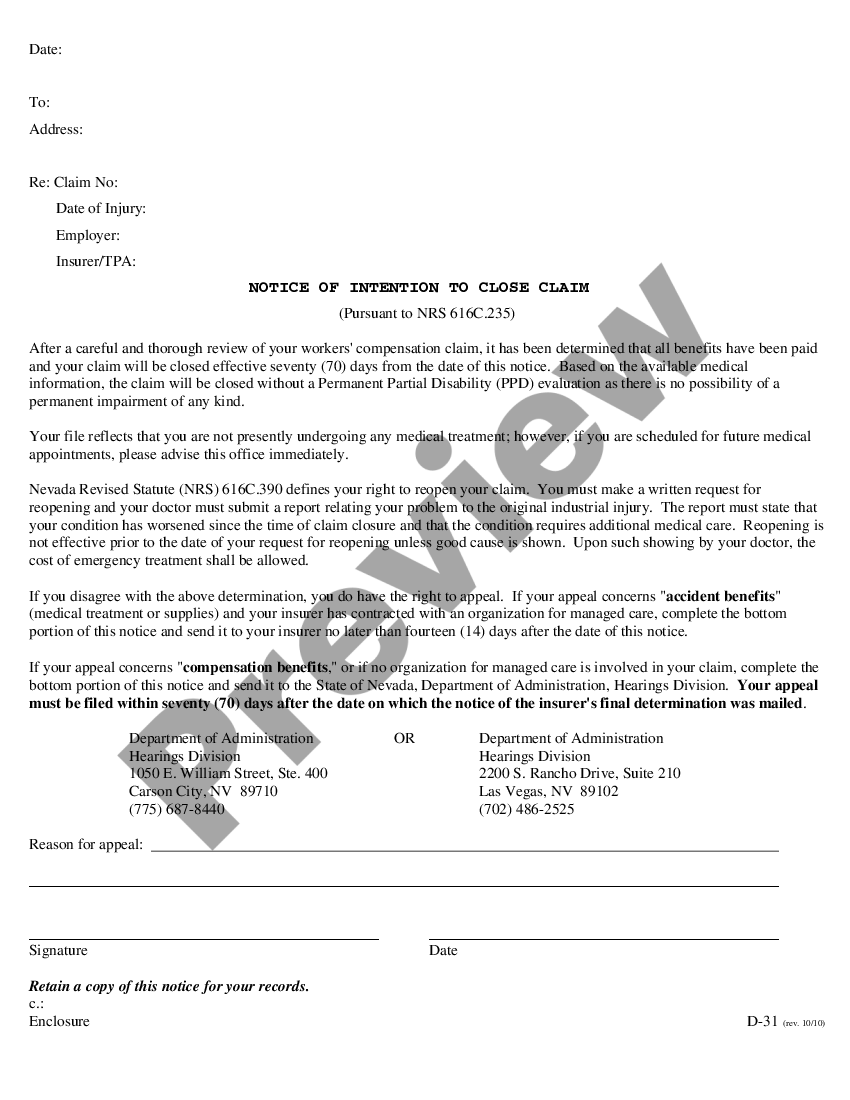 Nevada Notice of Intention to Close Claim | US Legal Forms