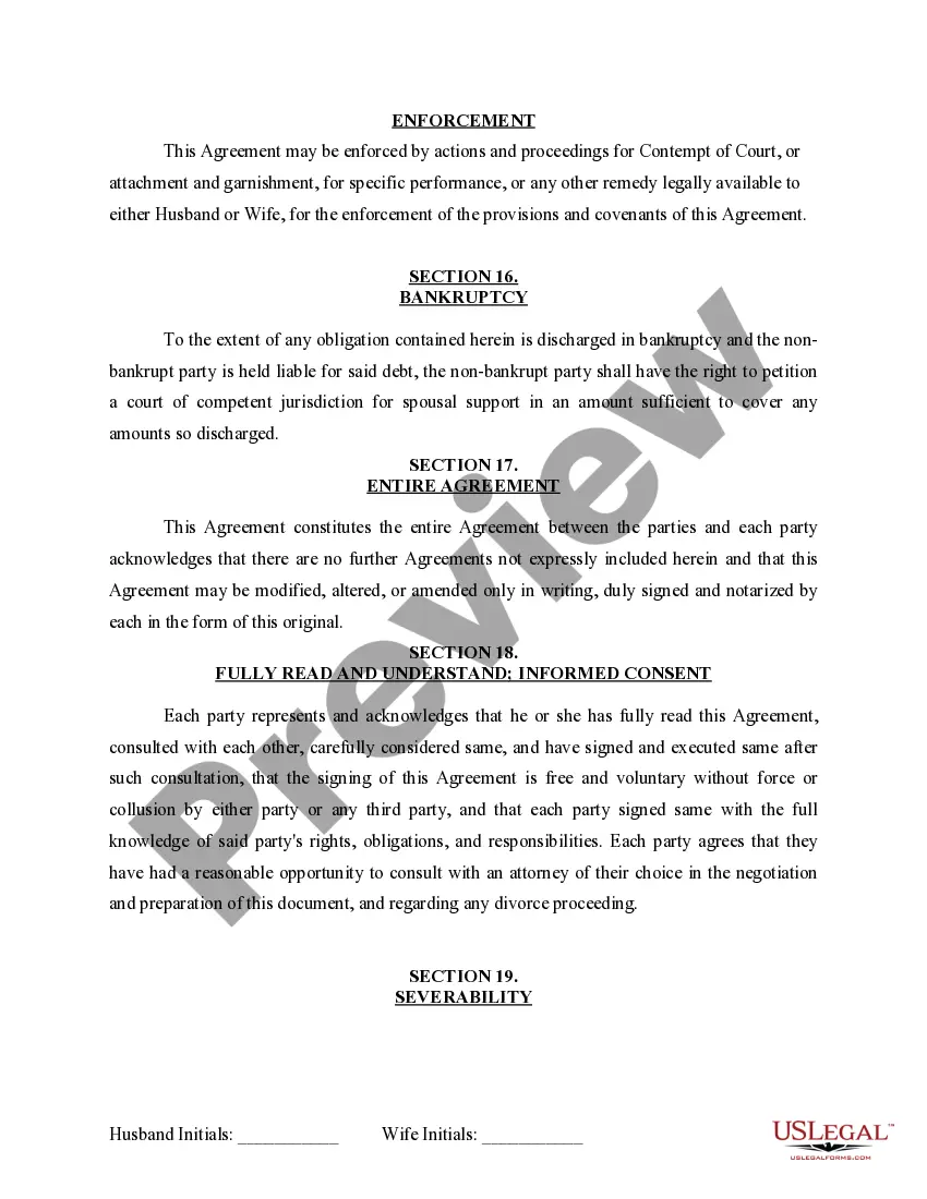 Preview Marital Domestic Separation and Property Settlement Agreement for persons with No Children, No Joint Property or Debts where Divorce Action Filed