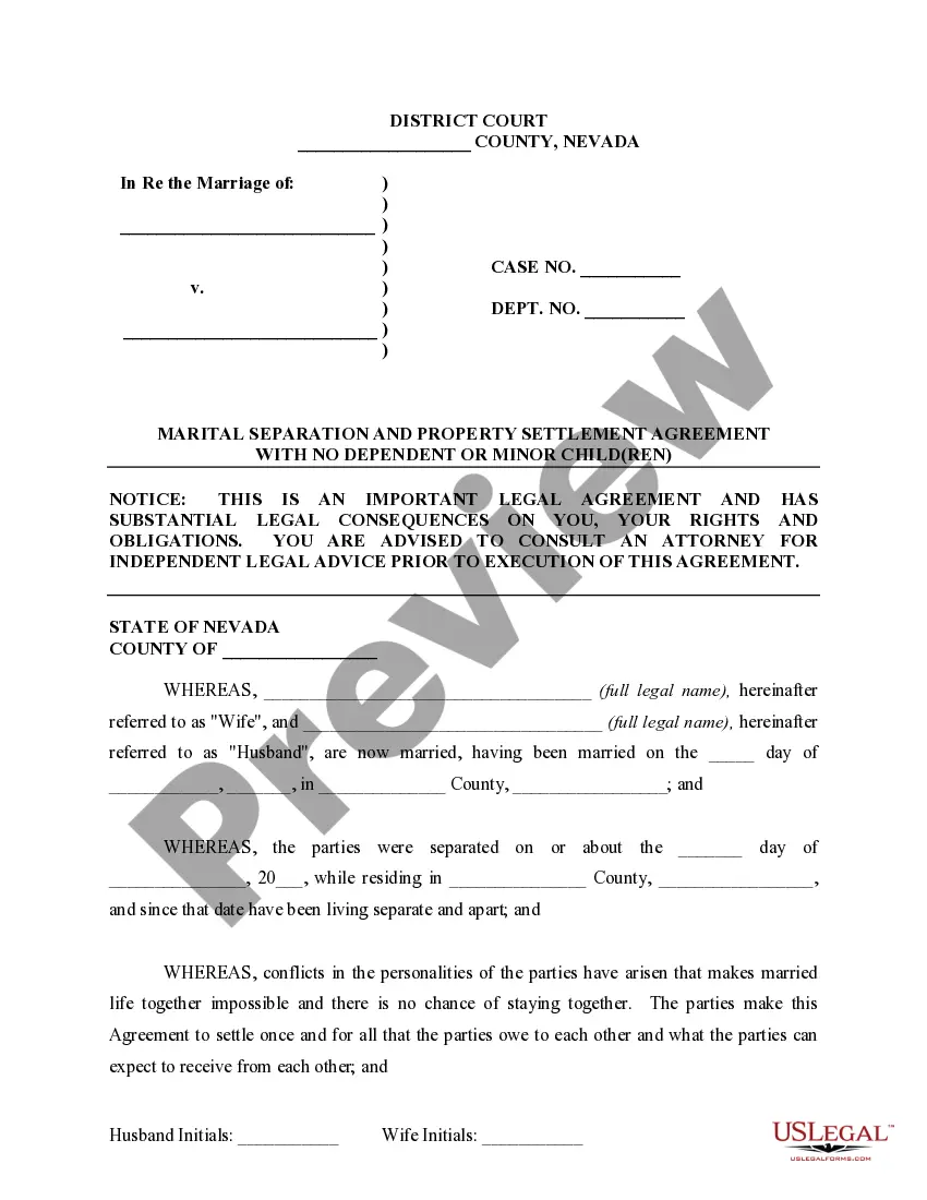 Preview Marital Domestic Separation and Property Settlement Agreement for persons with No Children, No Joint Property or Debts where Divorce Action Filed