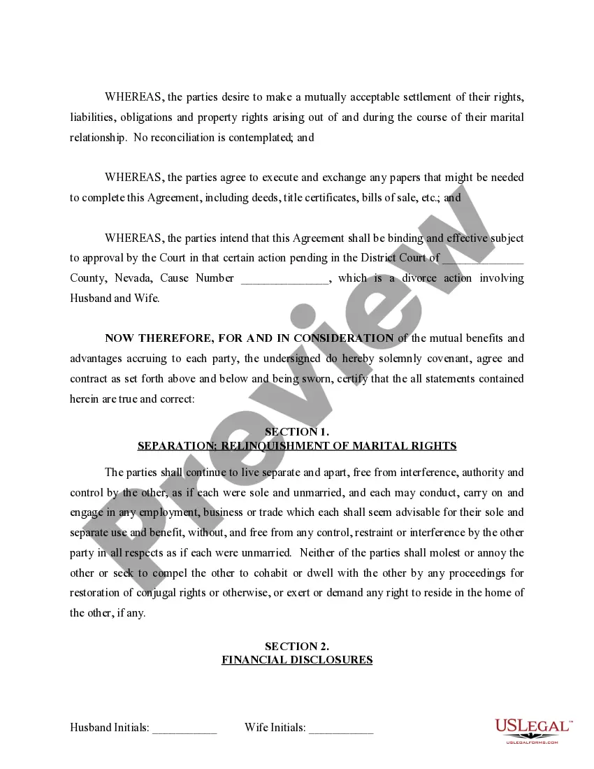 Preview Marital Domestic Separation and Property Settlement Agreement for persons with No Children, No Joint Property or Debts where Divorce Action Filed