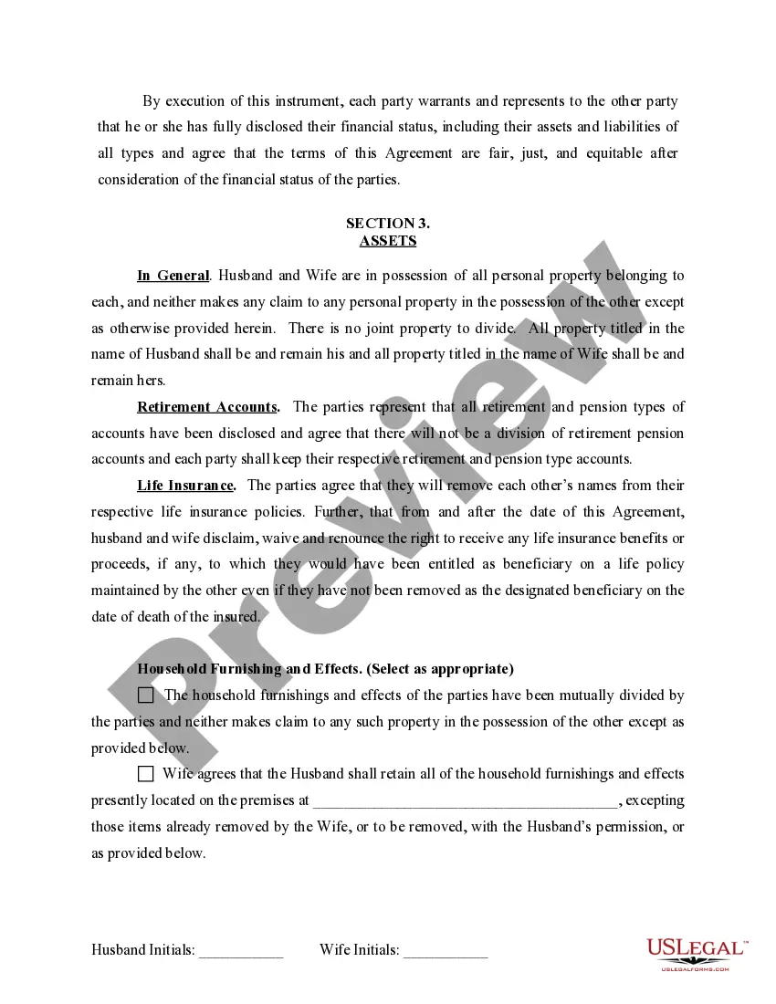Preview Marital Domestic Separation and Property Settlement Agreement for persons with No Children, No Joint Property or Debts where Divorce Action Filed