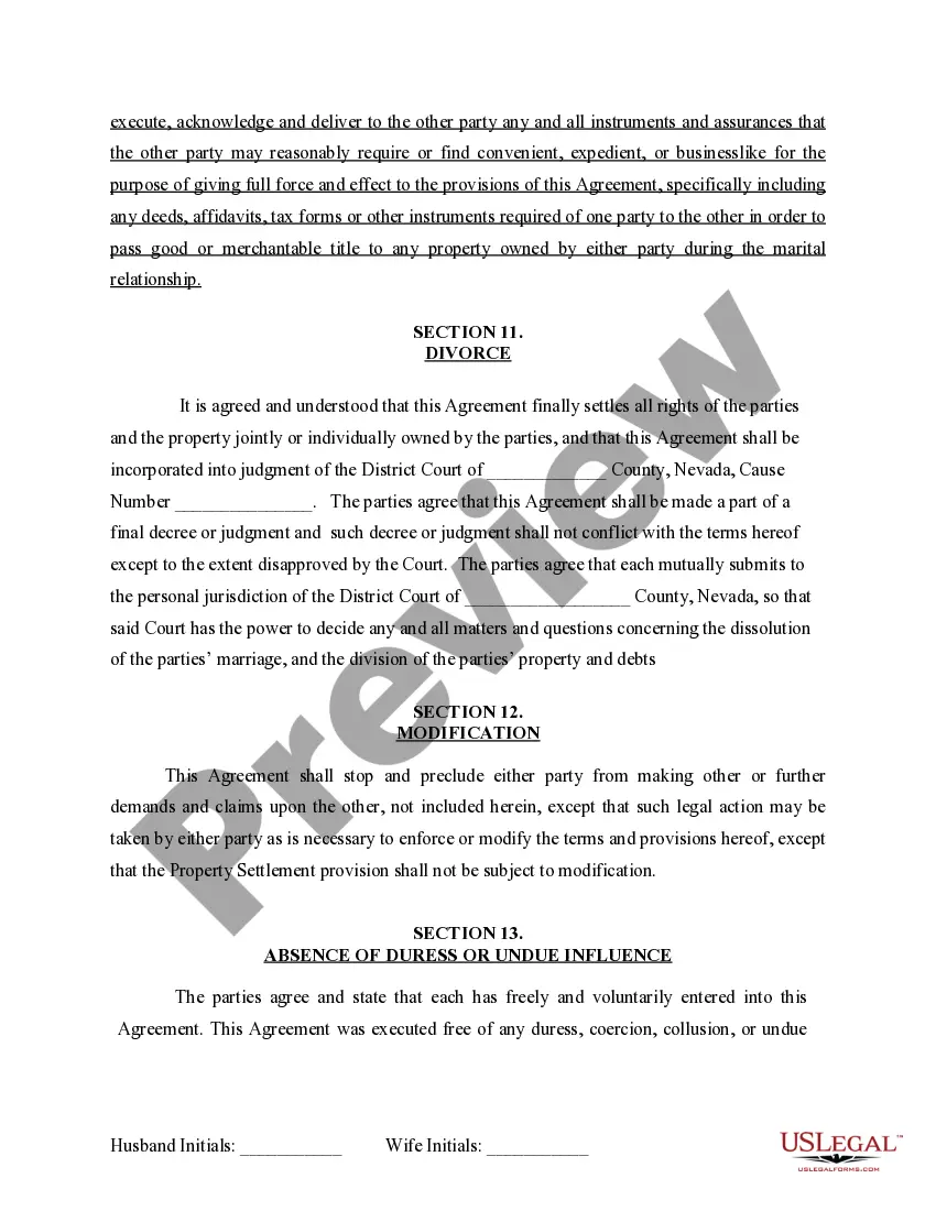 Preview Marital Domestic Separation and Property Settlement Agreement for persons with No Children, No Joint Property or Debts where Divorce Action Filed