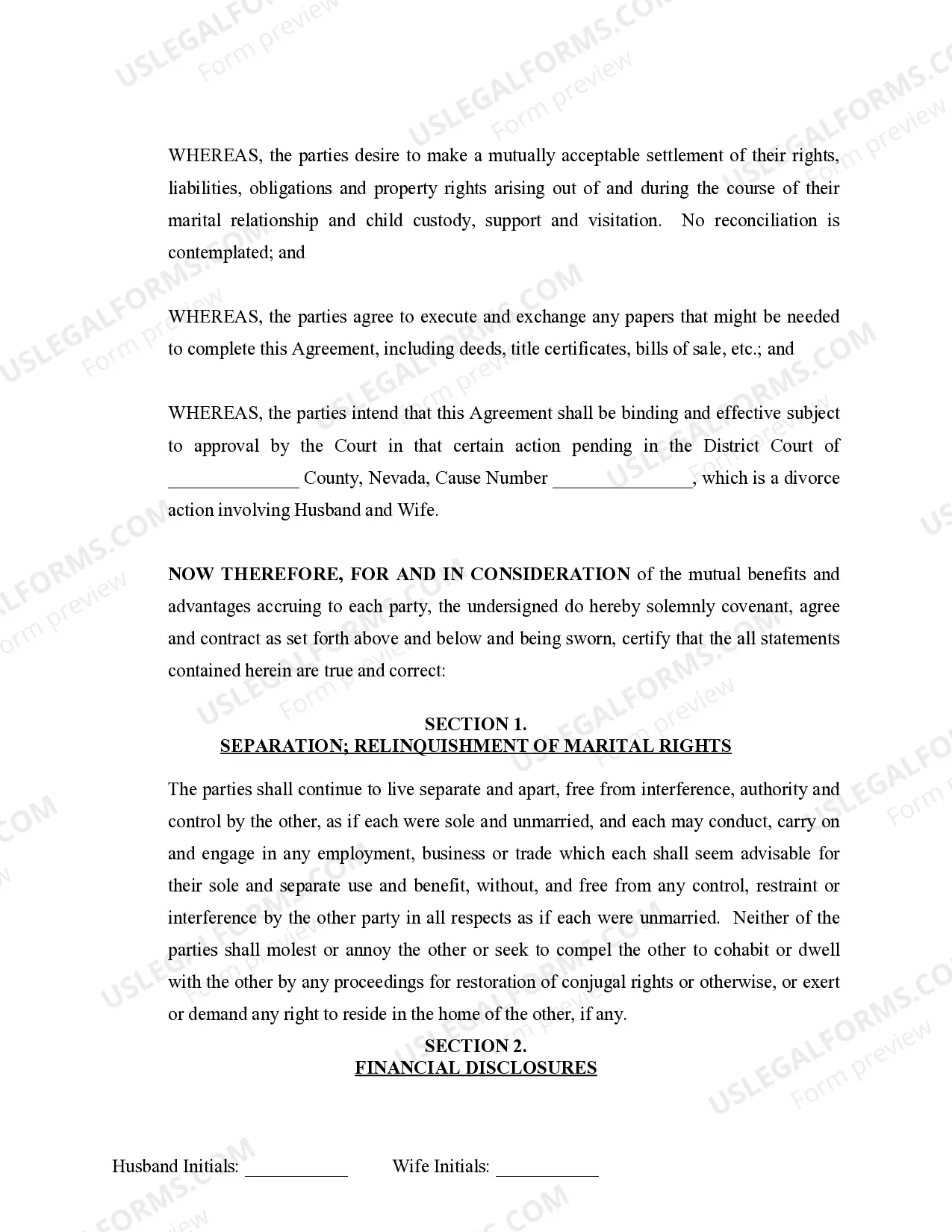 Preview Marital Domestic Separation and Property Settlement Agreement Minor Children no Joint Property or Debts where Divorce Action Filed