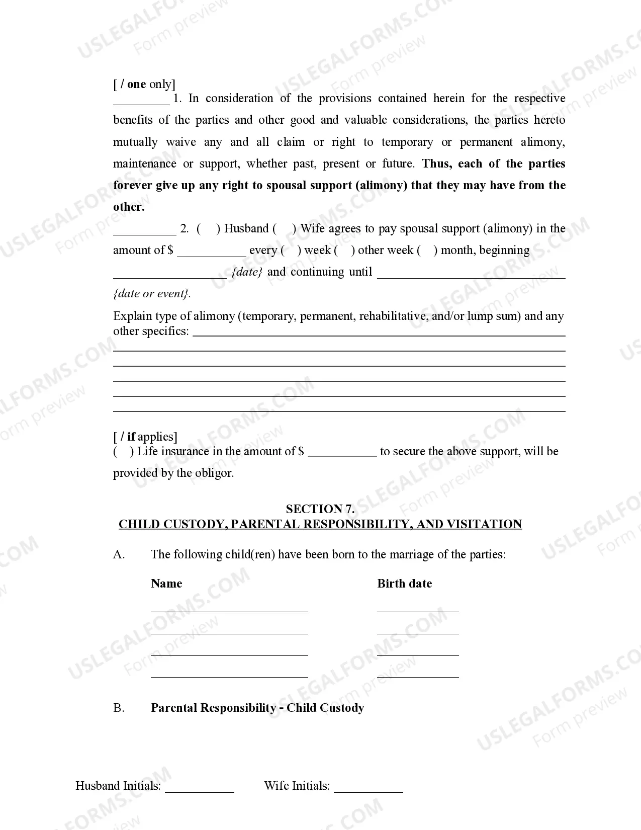 Preview Marital Domestic Separation and Property Settlement Agreement Minor Children no Joint Property or Debts where Divorce Action Filed