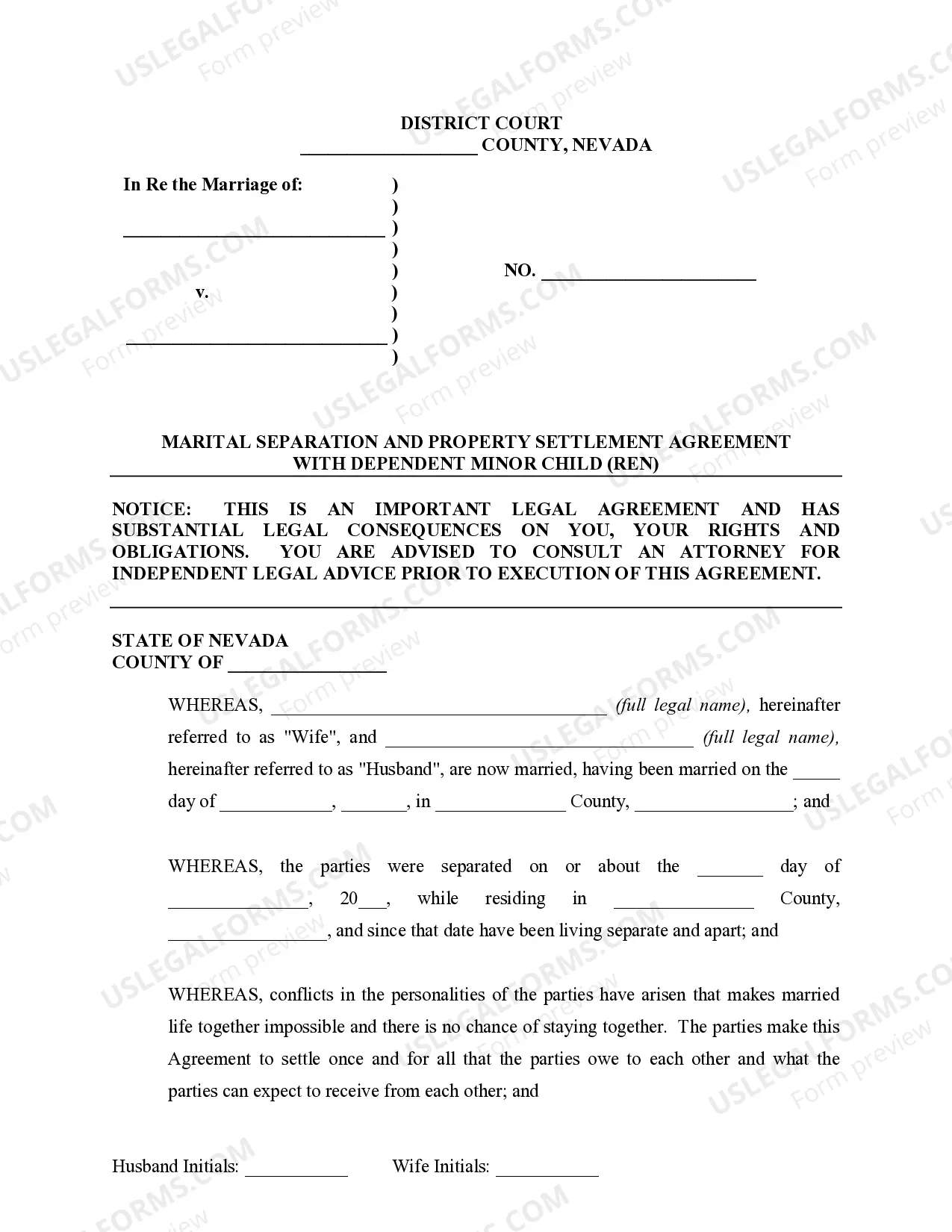 Preview Marital Domestic Separation and Property Settlement Agreement Minor Children Parties May have Joint Property or Debts where Divorce Action Filed
