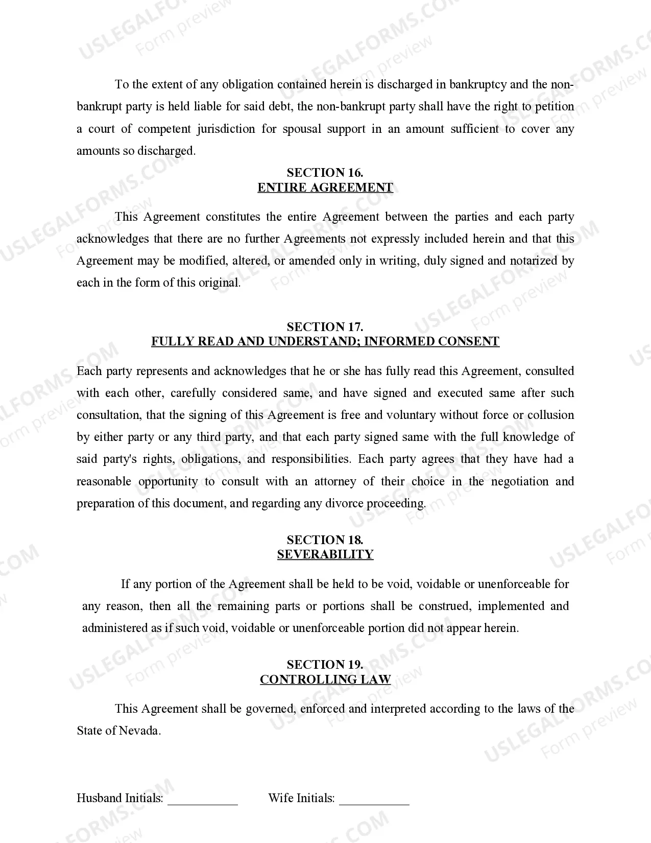 Preview Marital Domestic Separation and Property Settlement Agreement for persons with no Children, no Joint Property, or Debts Effective Immediately