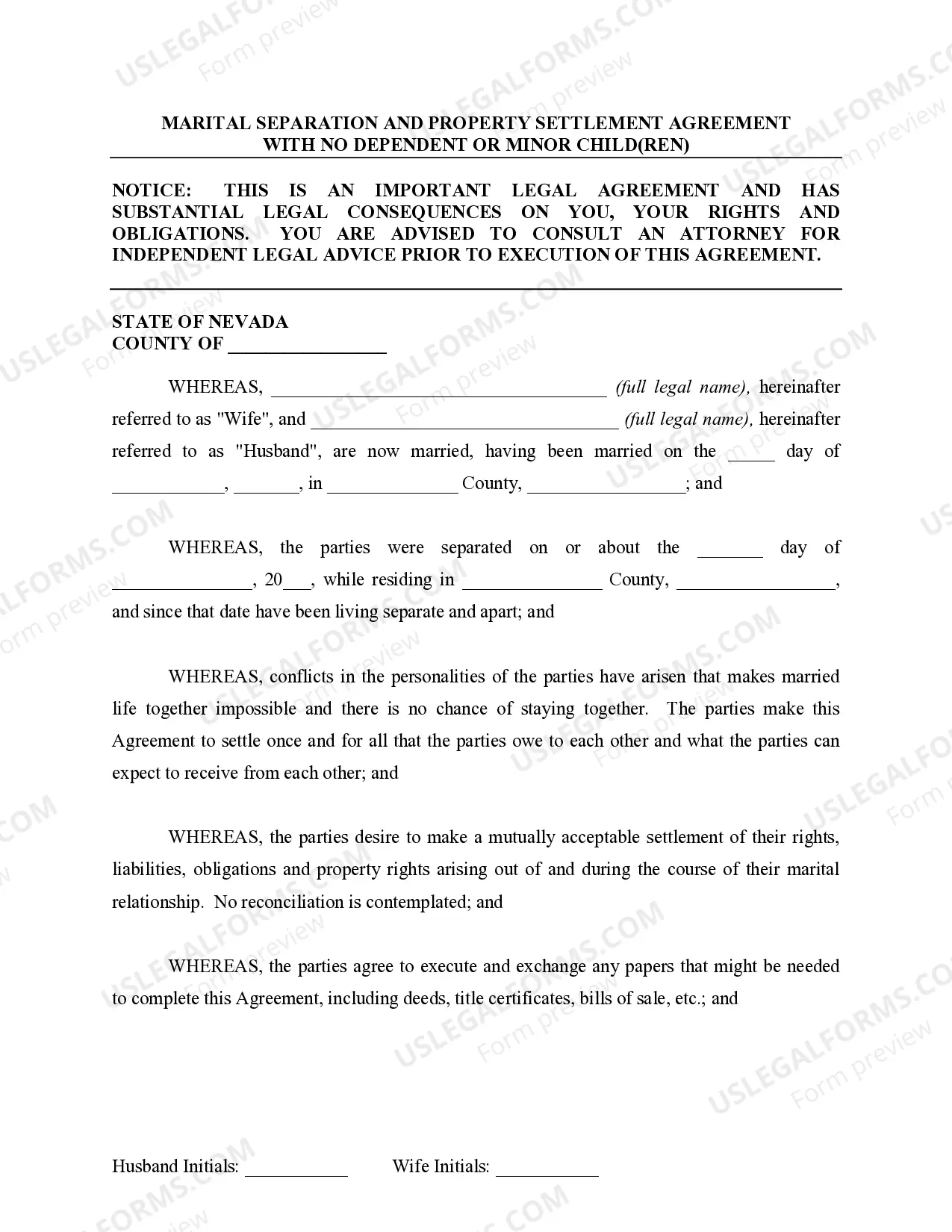 Preview Marital Domestic Separation and Property Settlement Agreement for persons with no Children, no Joint Property, or Debts Effective Immediately
