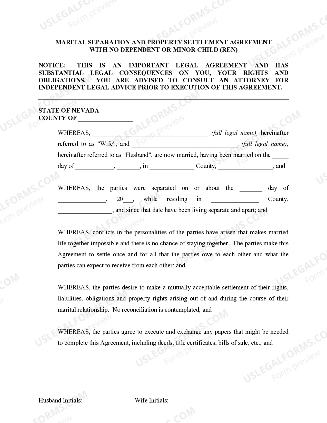 Preview Marital Domestic Separation and Property Settlement Agreement no Children parties may have Joint Property or Debts Effective Immediately