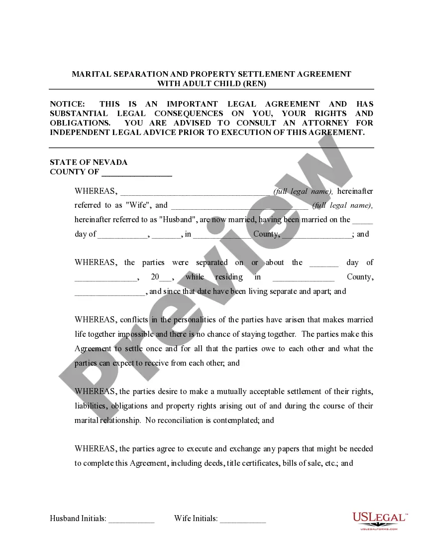 Preview Marital Domestic Separation and Property Settlement Agreement Adult Children Parties May have Joint Property or Debts effective Immediately