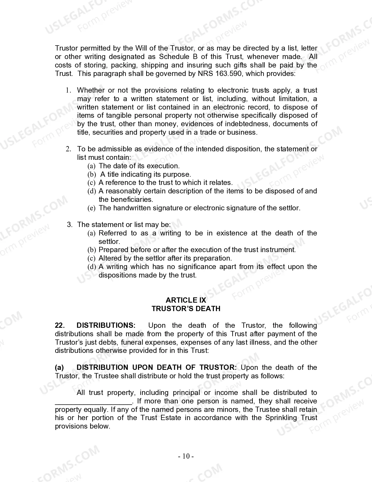 Preview Living Trust for Individual Who is Single, Divorced or Widow (or Widower) with No Children