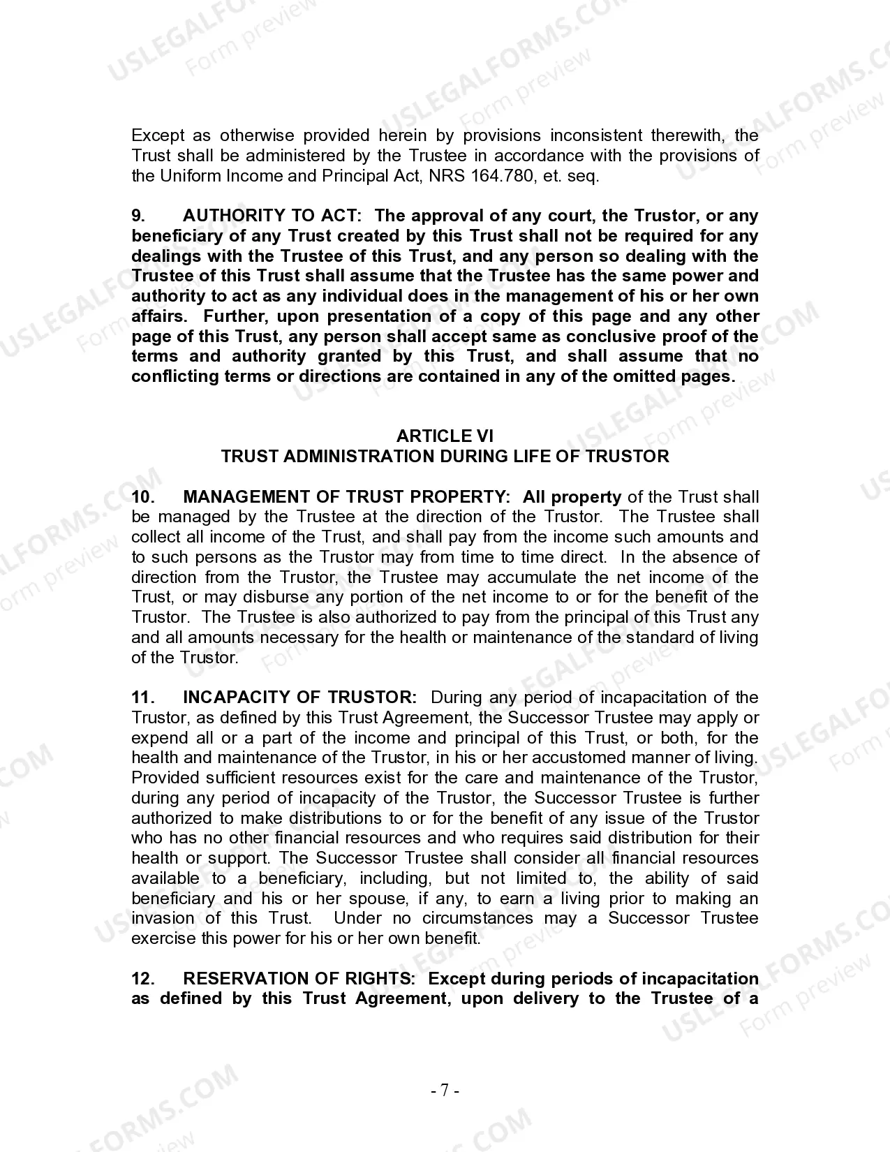 Preview Living Trust for Individual Who is Single, Divorced or Widow (or Widower) with No Children