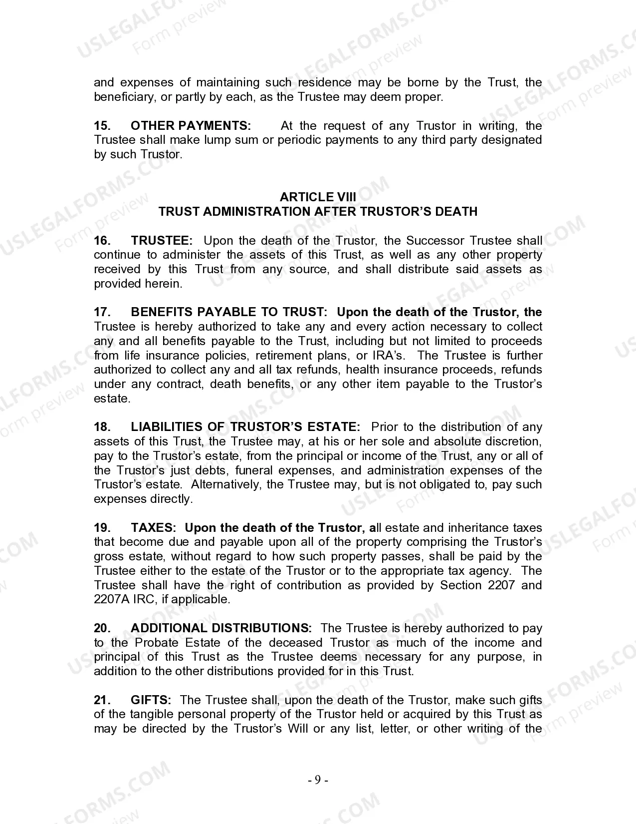 Preview Living Trust for Individual Who is Single, Divorced or Widow (or Widower) with No Children